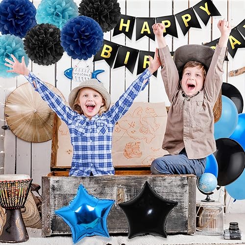 Miniatura 3 de Decoraciones de cumpleaños para hombres, decoración de fiesta azul y negro para él, niño, incluye pancarta de feliz cumpleaños, globos de papel de