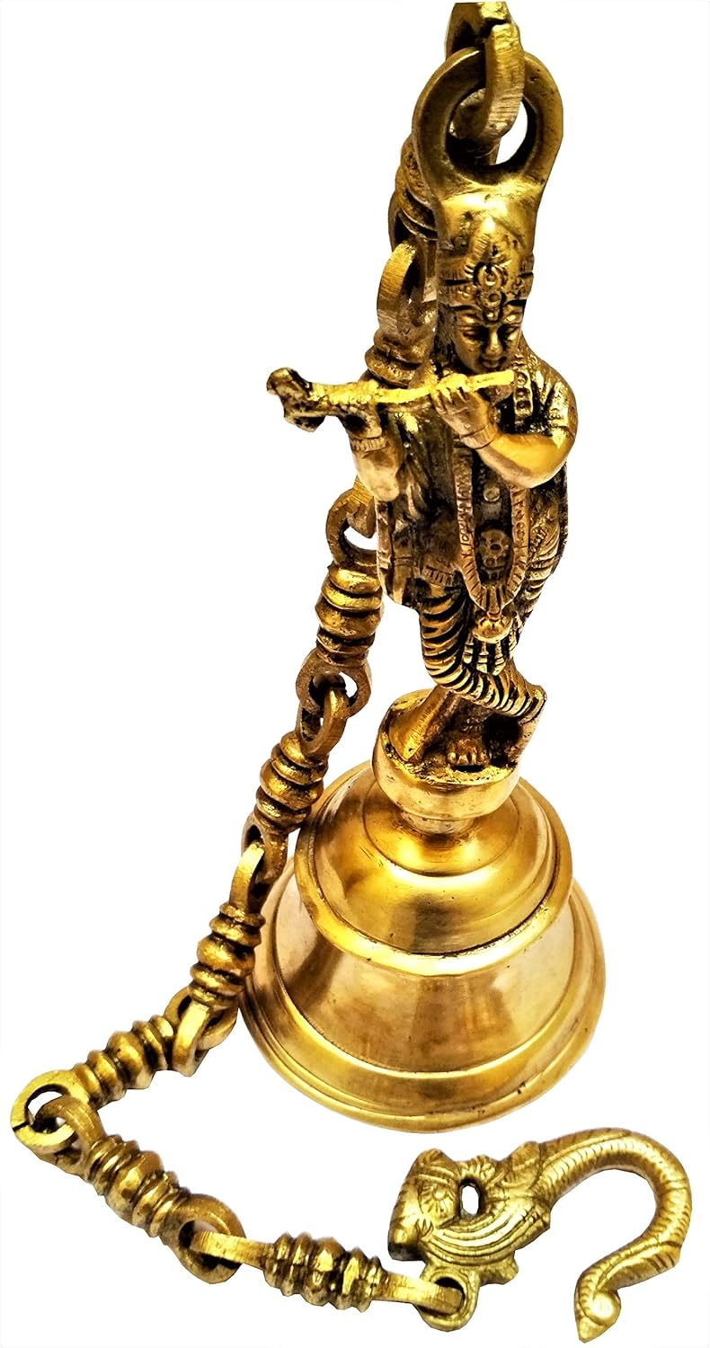 Purpledip Brass Hanging Bell Lord Krishna: Deep Resonating Sound (11578)