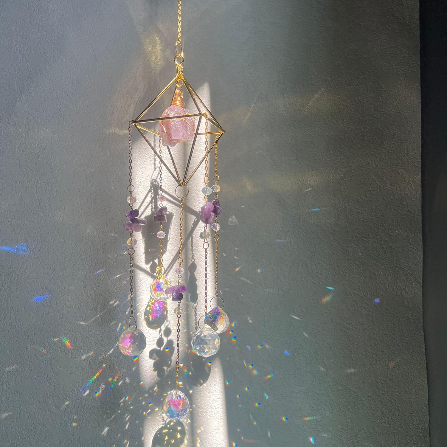 Geometric Crystal Sun Catcher with Rose Quartz & Amethyst – 45cm Hanging Prism Suncatcher for Window, Light Catcher Rainbow Decor