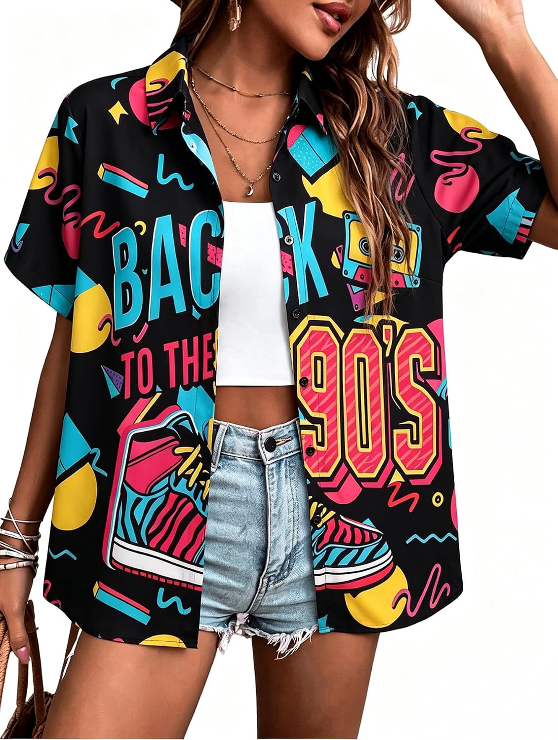 80s 90s Outfits for Women 80's Theme Party Shirts Back to The 90s Tee Button Down Short Sleeve Top Vintage Blouses