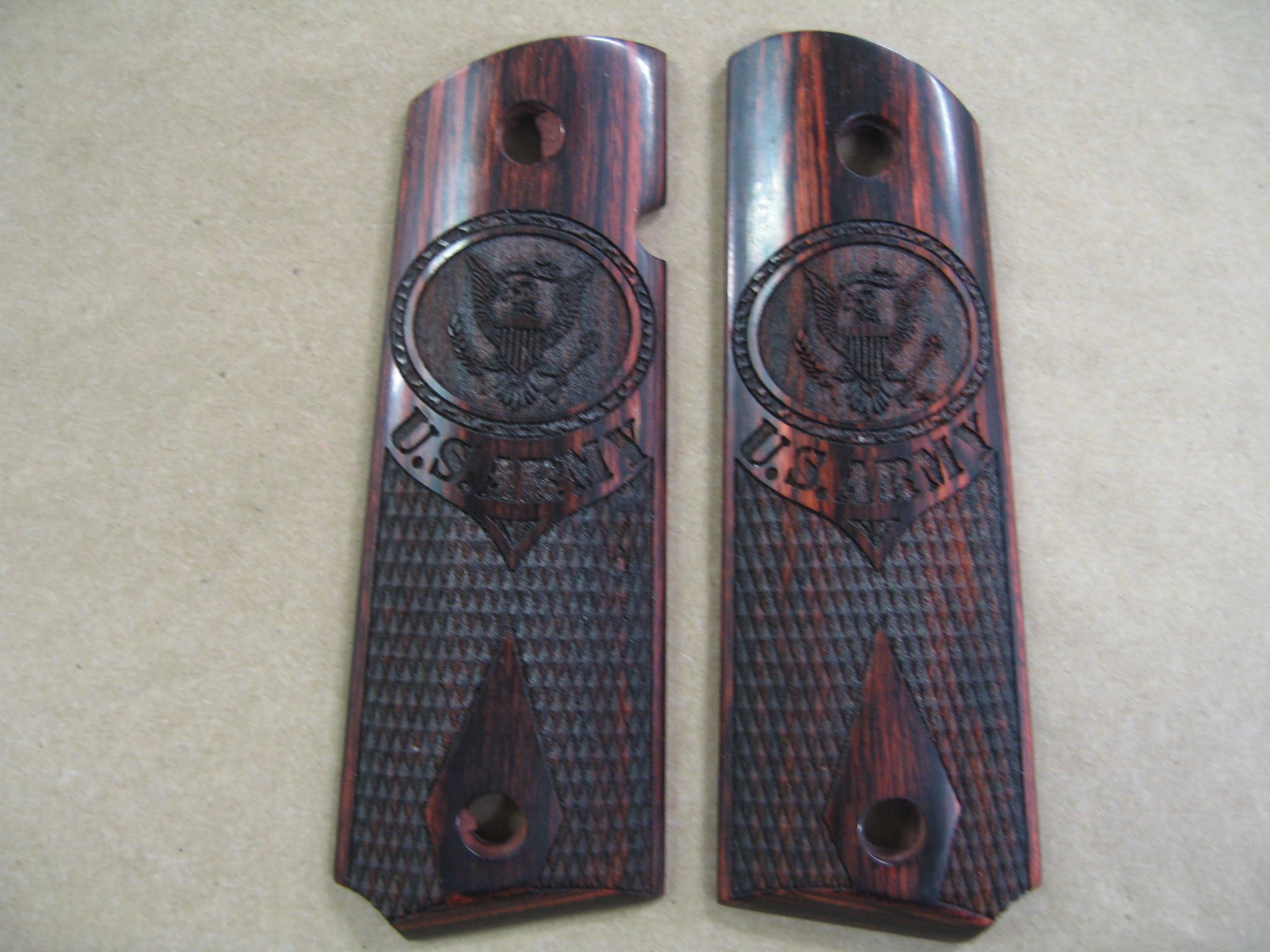 Colt 1911 Double Diamond Rosewood Checkered Grips With ARMY Laser Engraved