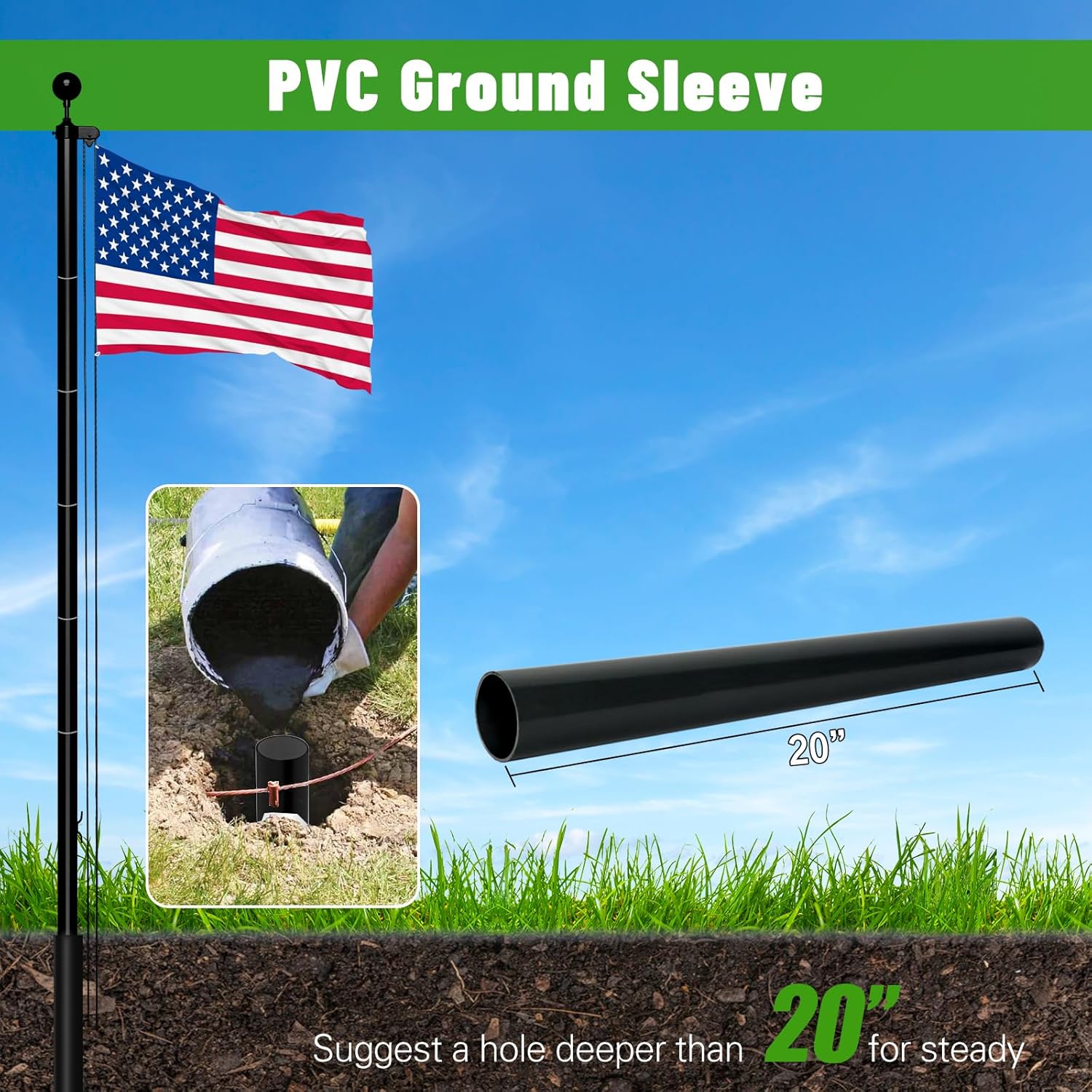 NELXINJO Heavy Duty 25FT Flag Pole -12 Gauge Extra Thick Aluminum Flagpole kit for Outside House,100MPH Wind Tested - Image 4