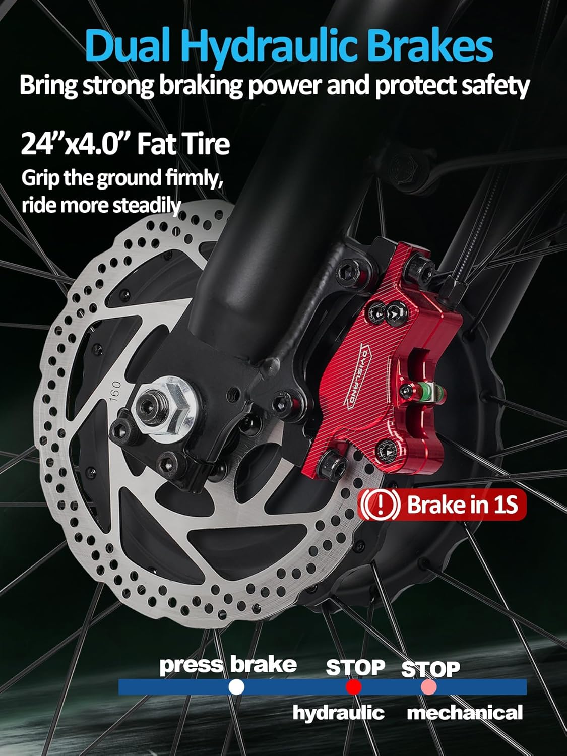 Close-up of the hydraulic disc brake system on the ECOCOGY EB7PRO electric bike.