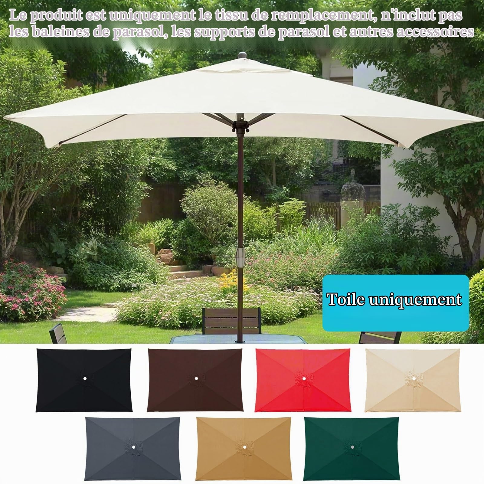 ESOYAWE 2x3m Auvent Housse De Rechange Pour Parasol Terrasse 6 Baleines, Rechange Toile De Parasol Jardin, Rectangulaire, Dessus De Parapluie Protection UV 50+, Tissus Pare-soleil Imperméable