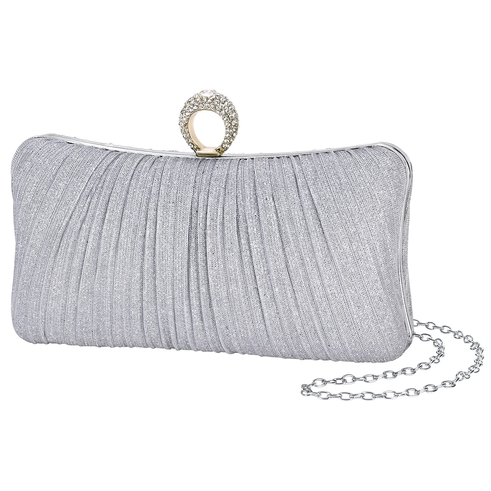 iwishWomens Golden Glitter Clutch Purse Pleated Evening Bag for Bridal Wedding Party with Rhinestone Ring