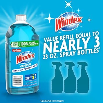 Windex Refill Glass and Window Cleaner Bottle, Bottle Made of 100% Recycled Plastic, Surface Cleaning Spray, Original Blue Scent, 2L (67.6 Fl Oz) (Pack of 6)