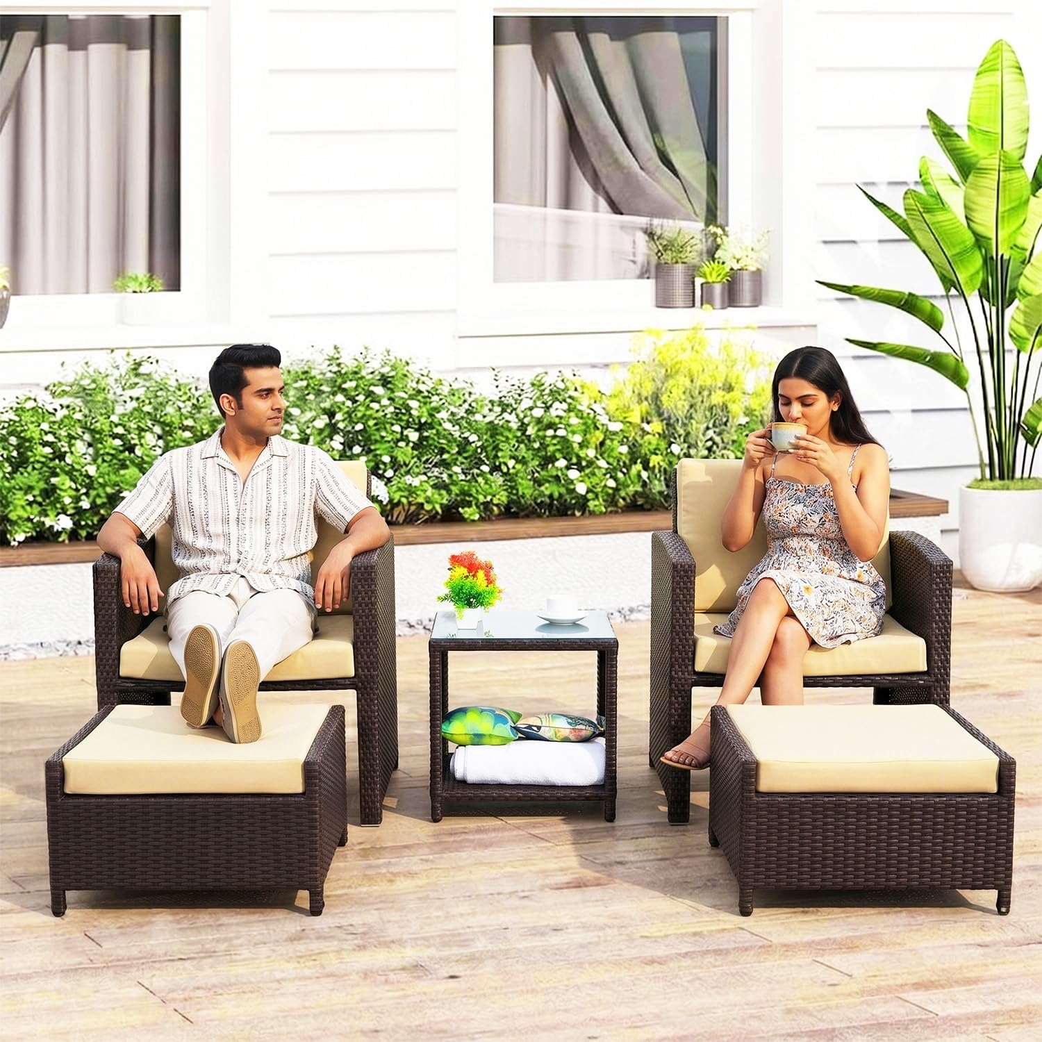 DEVOKO 5 Piece Patio Wicker Chair and Ottoman Set with Storage Glass Top Table All Weather Rattan Waterproof Cushioned Bistro Sectional Furniture for Porch, Garden,Balcony, Deck (Dark Brown & Cream)-image-17