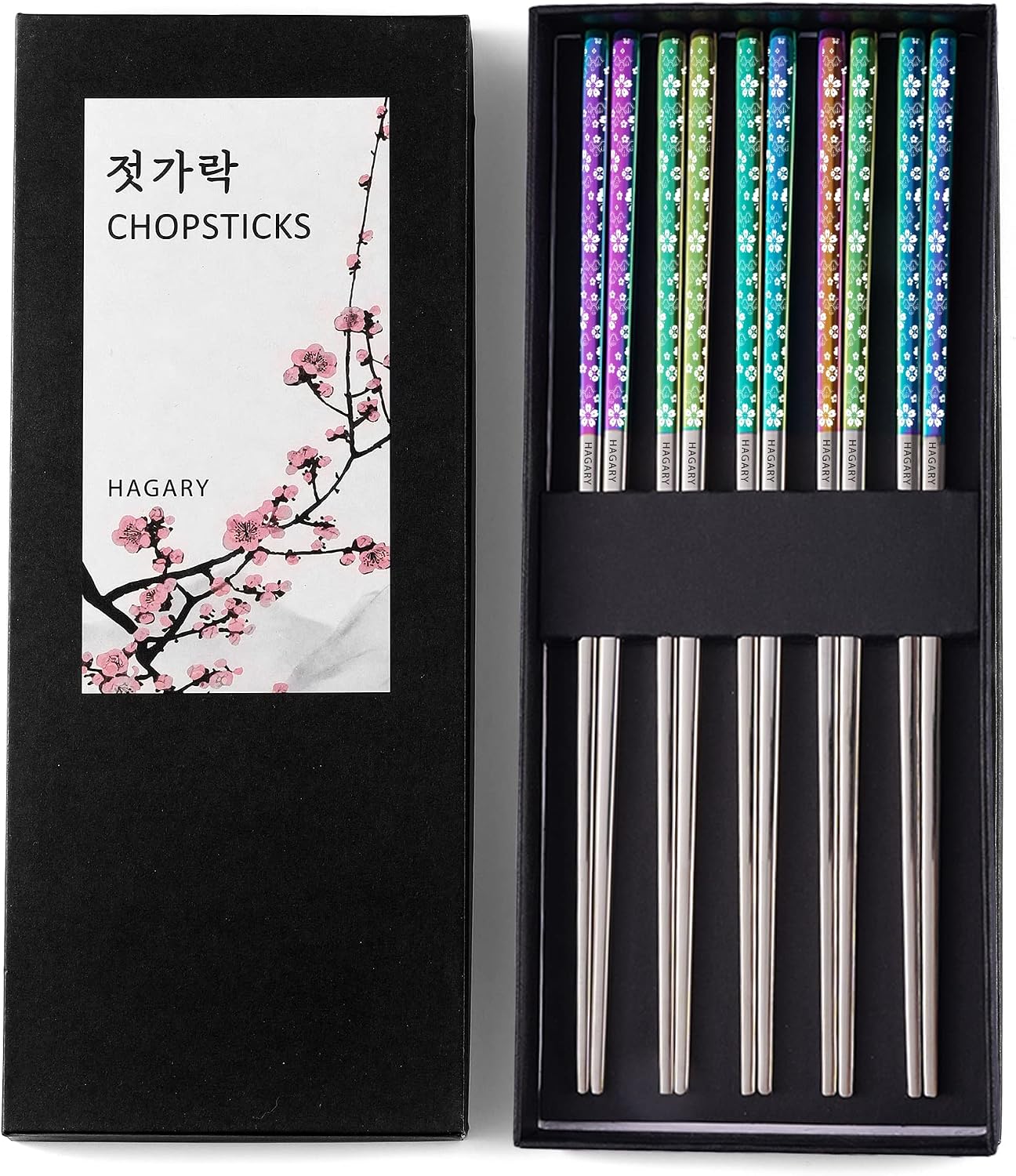 Hagary Cherry Blossom Rainbow Chopsticks Metal Chopsticks Reusable Designed In Korea Japanese Style Stainless Steel 316 18/10 Non-Slip Dishwasher Safe (5 Pairs)