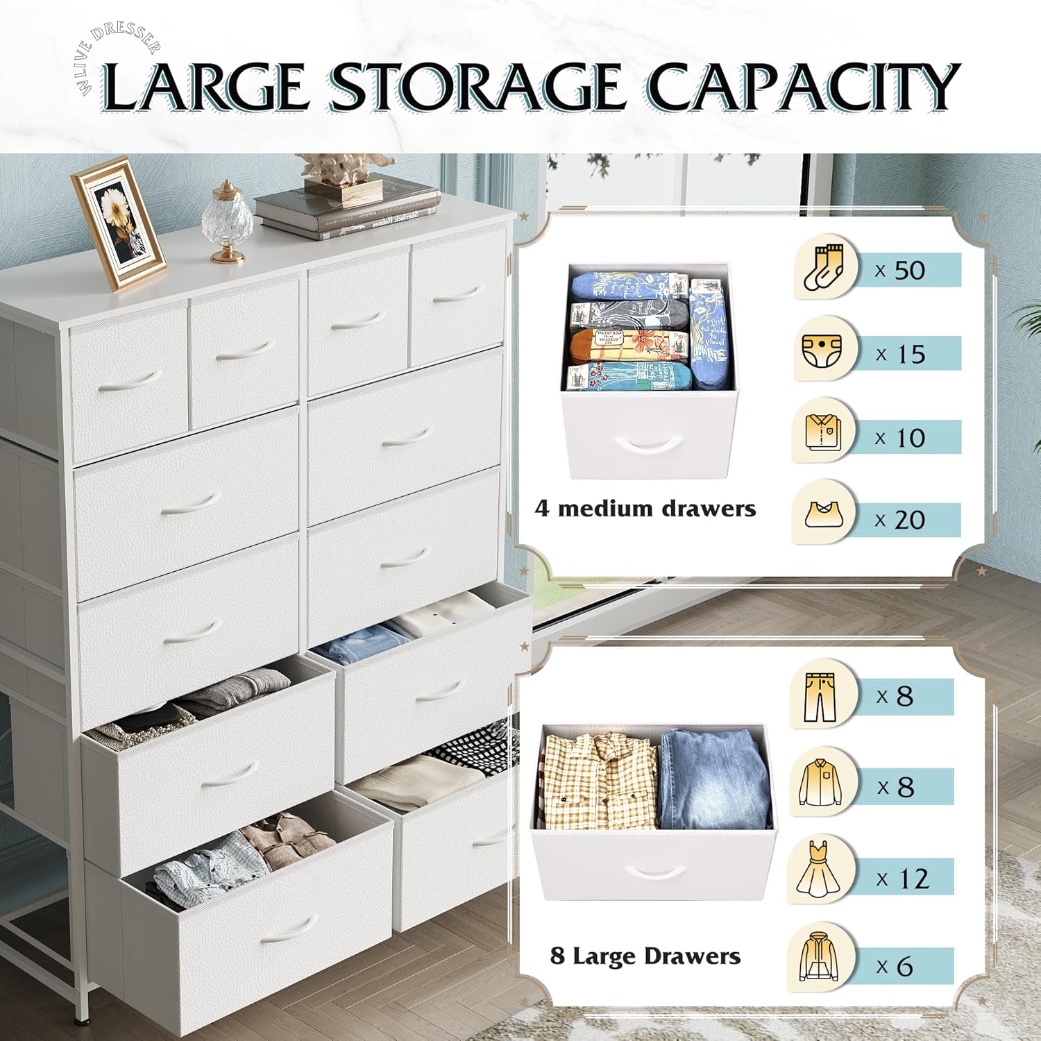 WLIVE Tall White Dresser for Bedroom with 12 Drawers, Dressers & Chests of Drawers, Fabric Dresser for Closet, Living Room, Storage Dressers with Storage Drawers, Steel Frame, Wood Top