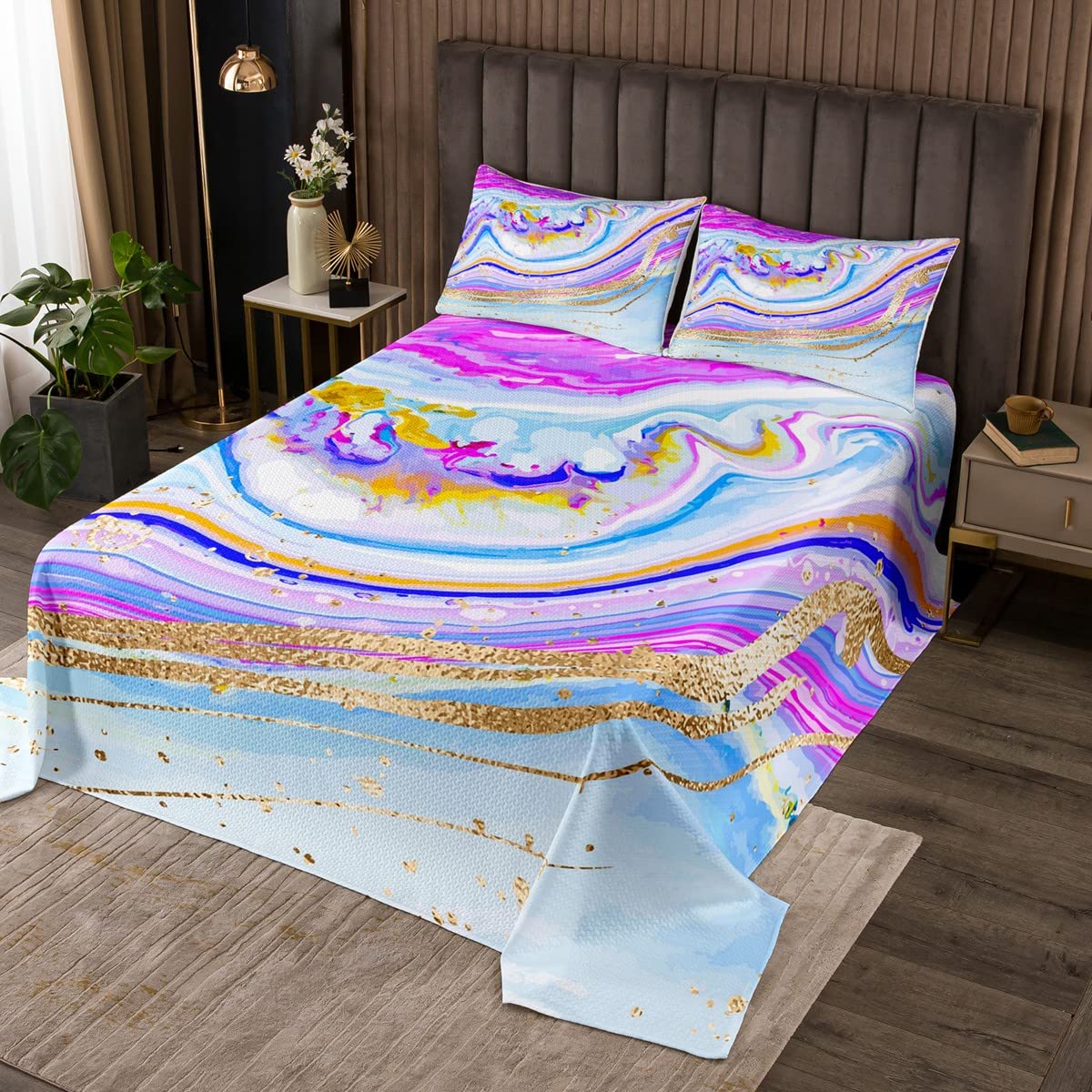 Akwarelowa, marmurowa narzuta 170 x 210 cm, tęczowa narzuta z nadrukiem Tie Dye, zestaw dla dzieci, dziewczynek, dekoracja sypialni, złote prążkowane, dekoracyjna mikrofibra, pikowana z 1