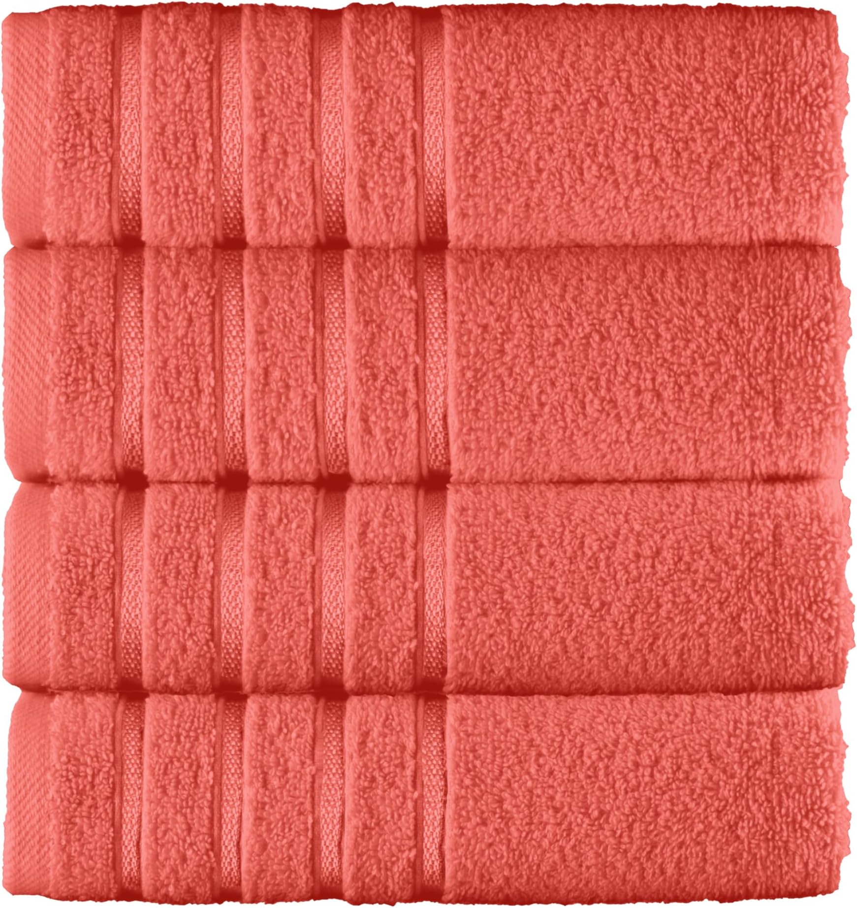100% Turkish Cotton 4 Lines Viscose Stripe Luxury 4 Pack Hand Towel Set - Ultra Absorbent and Soft 16 x 28 Inch Premium Hotel Spa Quality Towels for Everyday Bath Use, Coral
