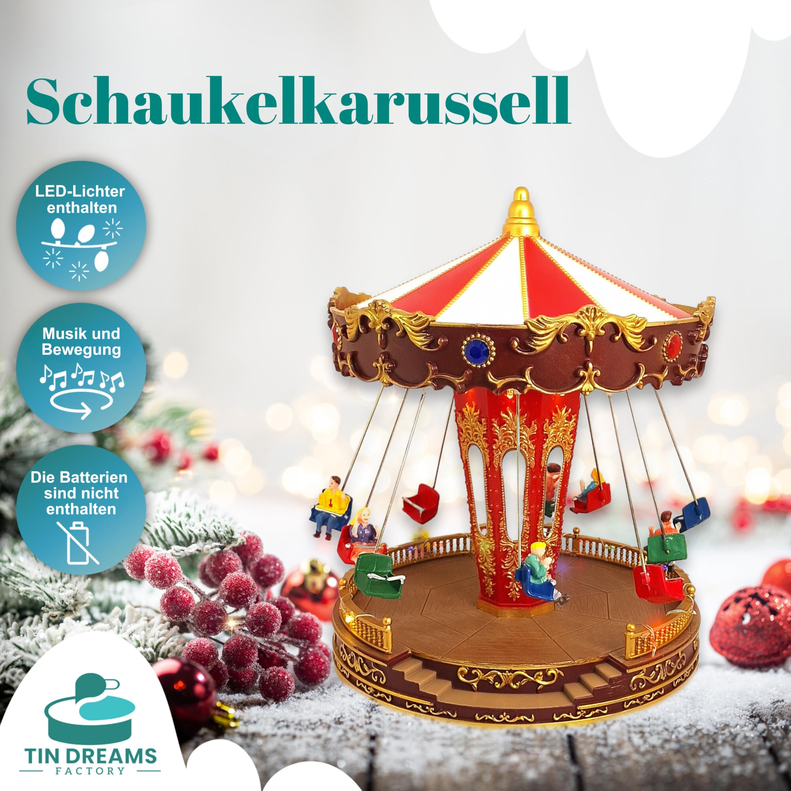 TIN Dreams | Weihnachtskarussell mit Bewegung, Musik und LED-Beleuchtung | Musikalisches Kettenkarussell | Weihnachtsdorf, Miniatur-Villa, Weihnachtslandschaft mit Beleuchtung | Weihnachtsdeko Innen