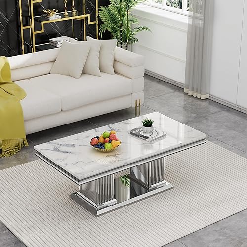 Miniatura 38 de SSLine Mesa de Centro Rectangular de Mármol Sintético para Sala de Estar, Mesa Central Moderna de Mármol Blanco de Lujo con Base de Diamante Mesa de