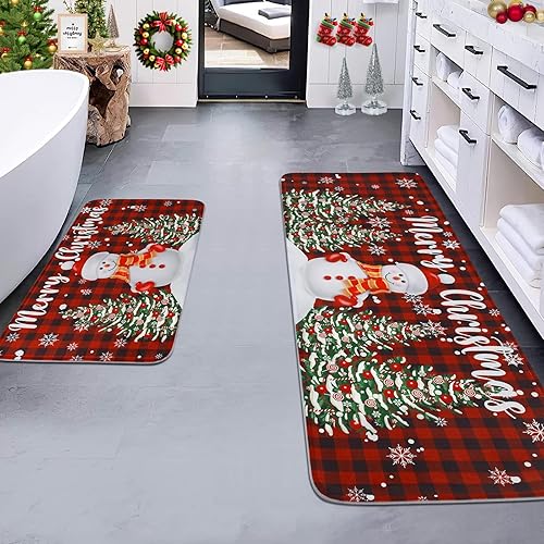 Miniatura 4 de JANSHU Juego de 2 alfombras de cocina de Navidad, tapete de cocina a cuadros de búfalo de Navidad, lavable, antideslizante, absorbente, muñeco de