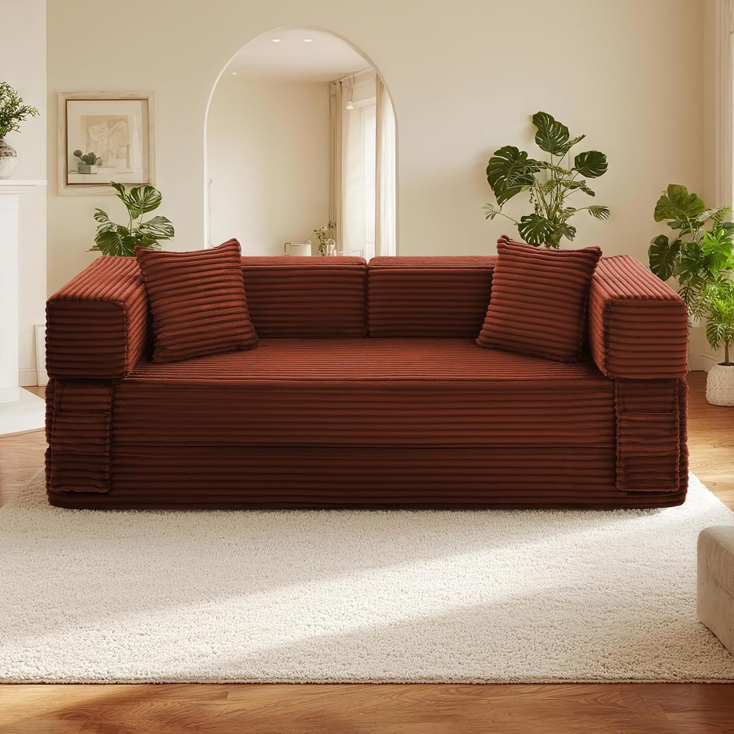 Sectional Boneless Couch Convertible Sofa Bed, 78'' Modular Sectional Sleeper Sofa with Removable Armrests & 3 Pillows, Small Floor Couch No Assembly Needed for Living Room, Office, Bedroom, Orange