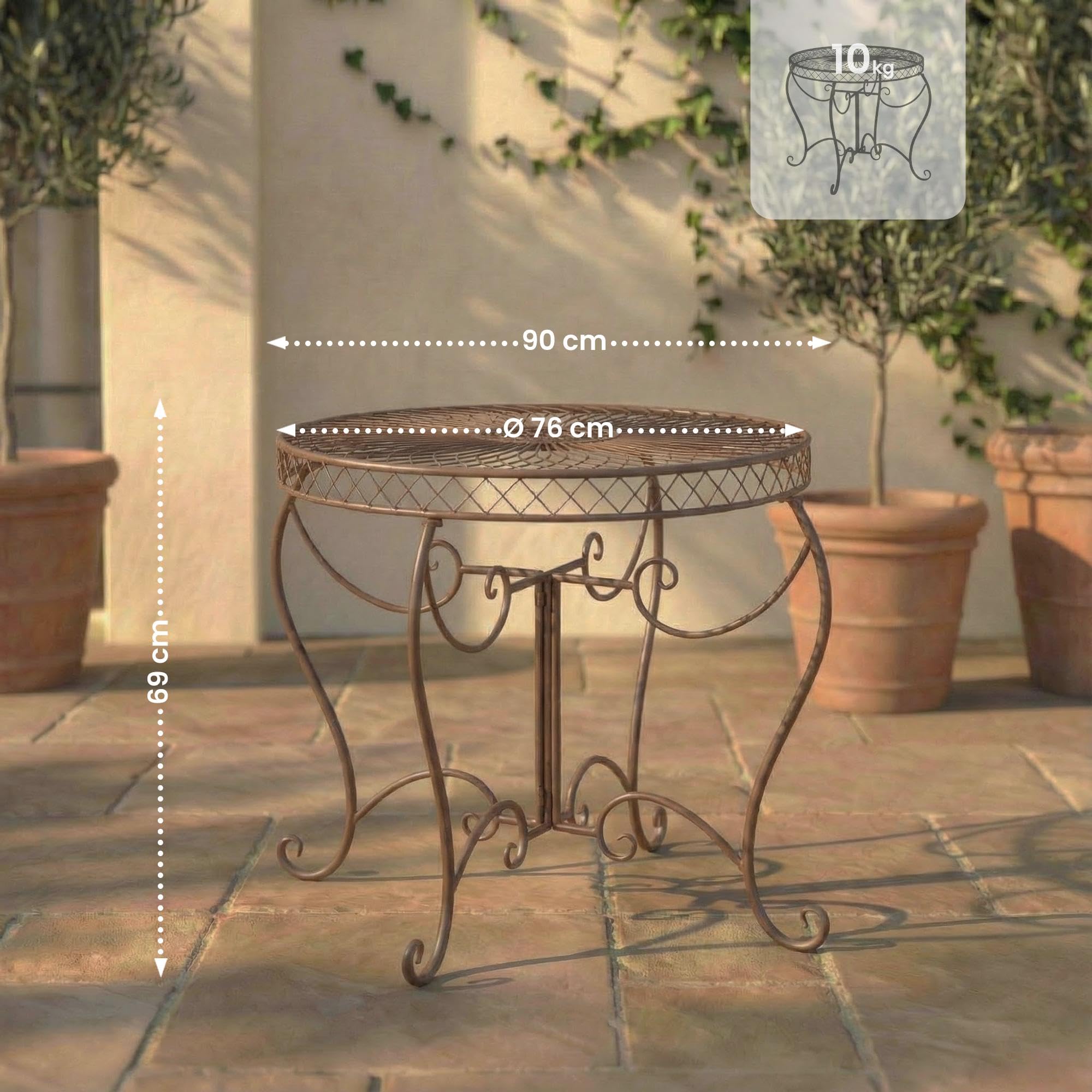 CLP Tavolo da Giardino Rotondo Stile Liberty Sheela, Tavolo in Ferro Verniciato a Polvere, Resistente alle intemperie per Giardino, Colore:Antico Marrone