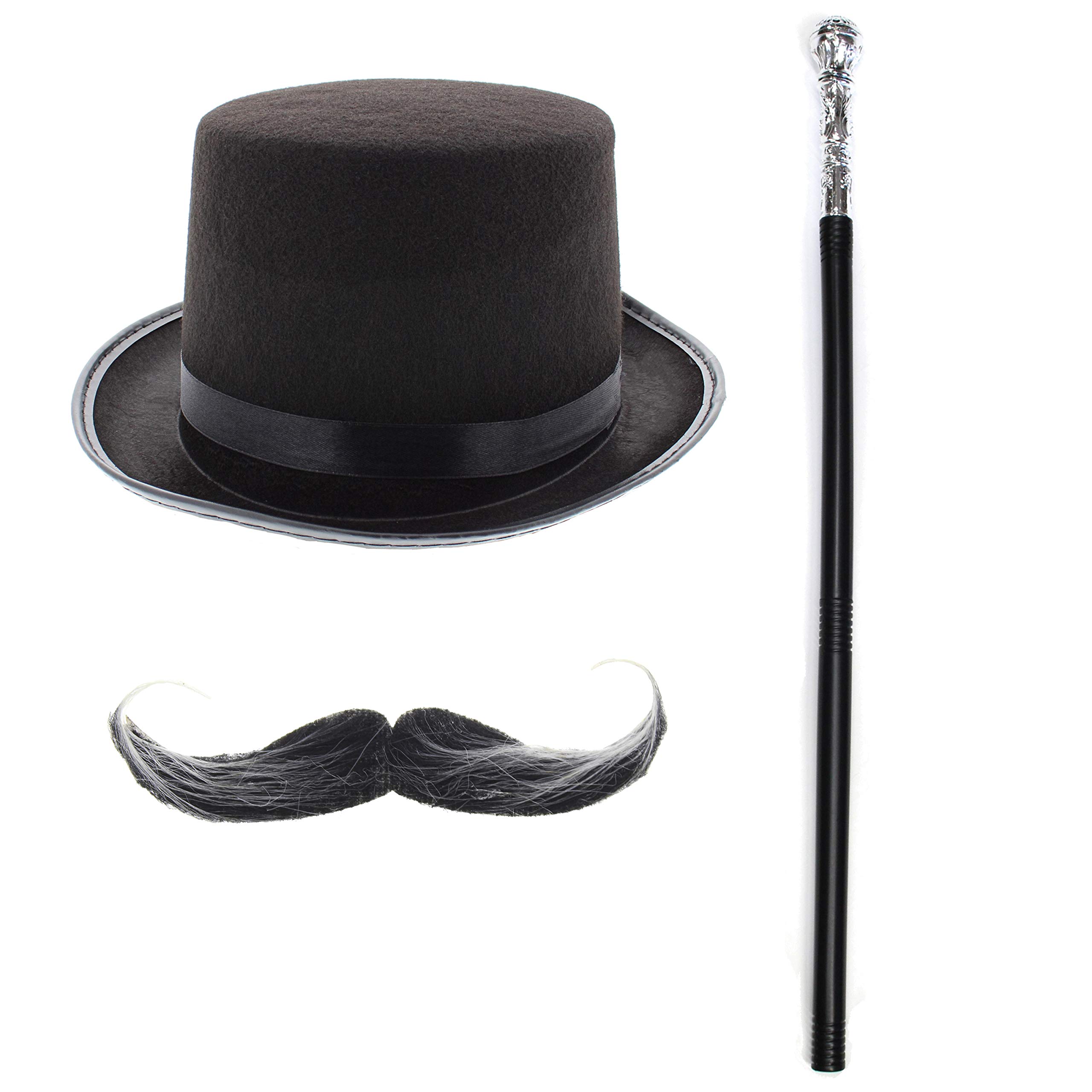 Zac's Alter Ego Fancy Dress Victorian Top Hat, Moustache & 70s Pimp Stick/Staff/Cane - World Book Week/Day