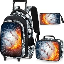 Baseball Rolling Backpack for Boys - 3PCS Boys Rolling Backpack with Lunch Box Set for Kids Children Teens Elementary Middle School,Sport Roller Bookbag with Wheels for Age 6-18