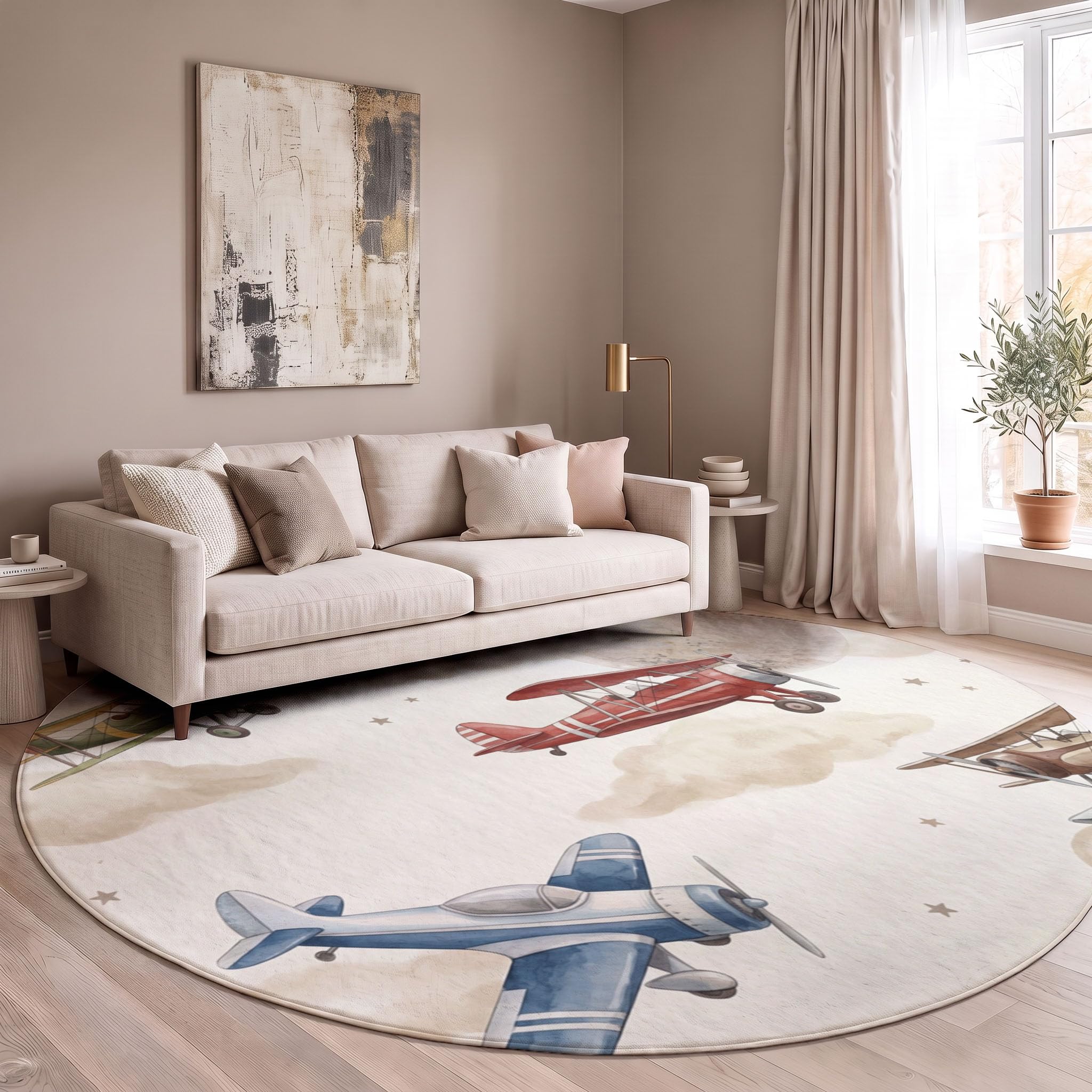 Tappeto Rotondo 160cm Stile acquerello da cartone animato Pelo Corto