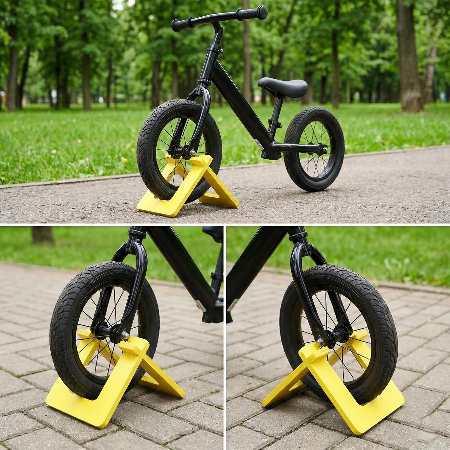 Wooden Balance Bike Stand for Kids – Floor Display Rack for Toddler Balance Bikes – Portable Bicycle Holder Stand for Home and Garage Storage (Yellow)
