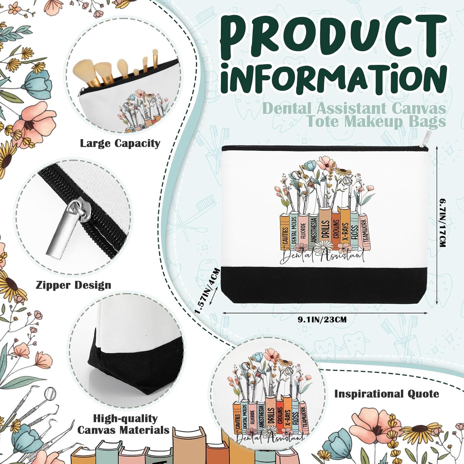 Hillban 5 Sets/10 Sets Dental Assistant Gifts Bulk Canvas Reusable Grocery Tote Bags Cosmetic Bags with Zipper for Women(10 Sets)