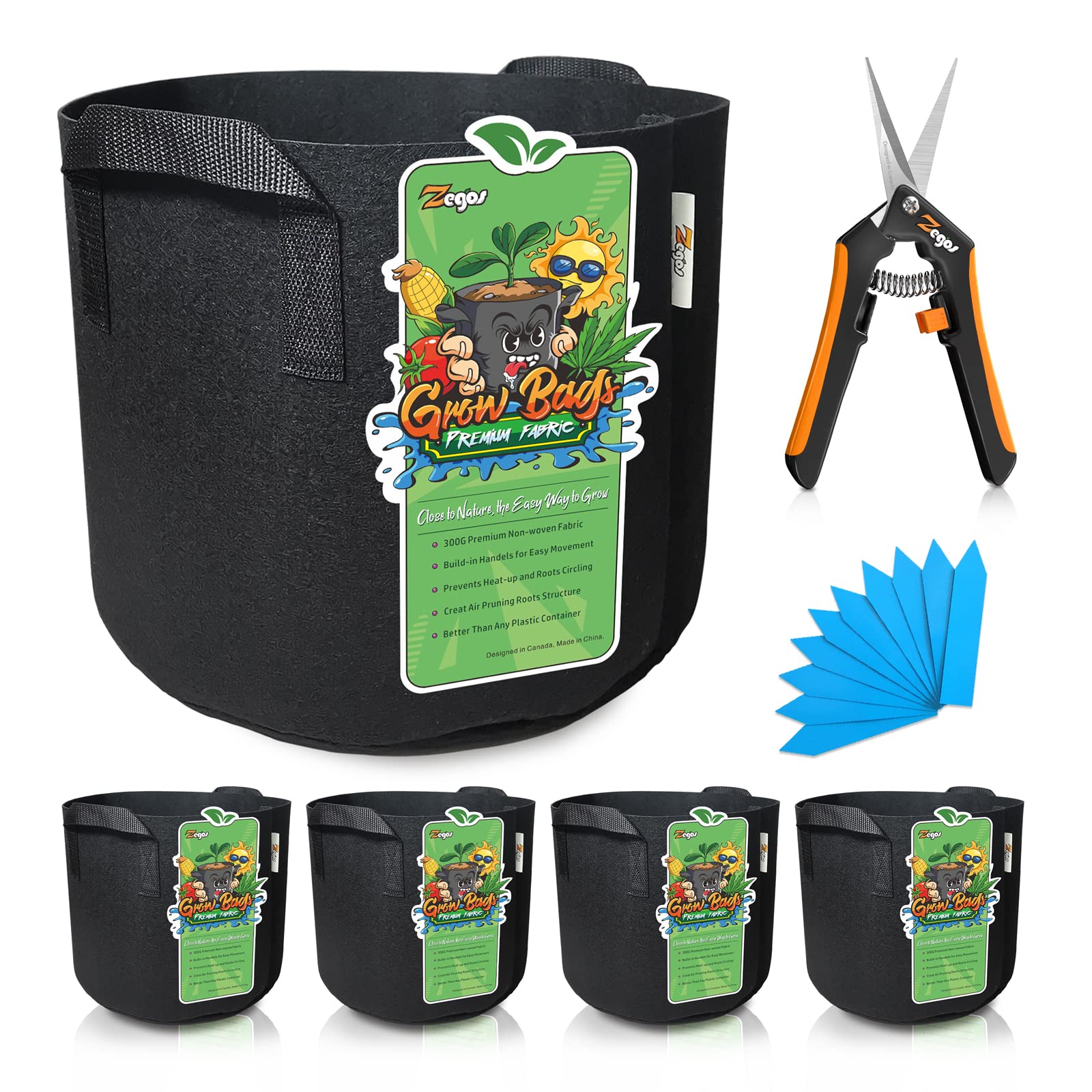 Zegos Grow Bags 10 Gallon 5 Packs Fabric Plant Pots with Thickened Nonwoven Fabric with Handles for Indoor&Outdoor Garden (1 Pack Pruning Snips Included)