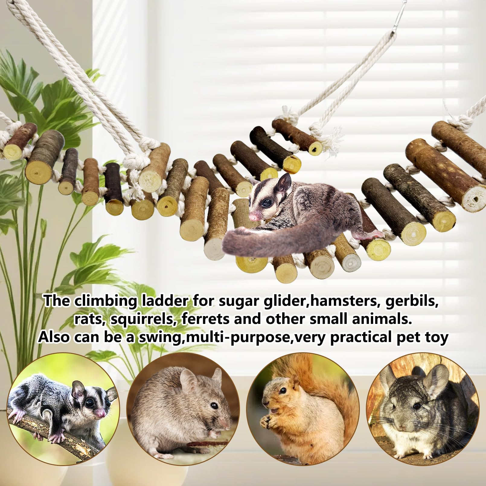 BNOSDM Sugar Glider Kletterspielzeug 2 Stück Natur Holz Seil Leiter Hängende Zuckergleiter Brücke Käfig Zubehör für Mäuse Ratten Hamster Rennmäuse Chinchilla