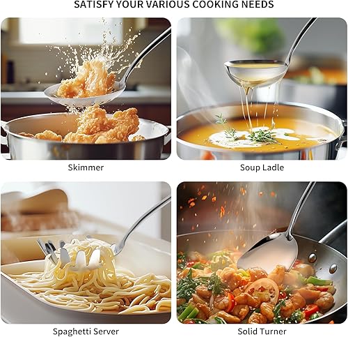 Miniatura 5 de Juego de utensilios de cocina de acero inoxidable 304, 9 utensilios de servir, incluye espumadera, cucharón de sopa, servidor de espaguetis,