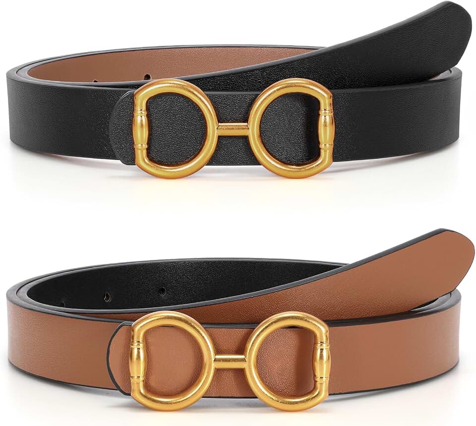 LEACOOLKEY Women Reversible Leather Belt for Jeans Pants Fashion Two-In-One Gold Buckle Ladies Dress Belt