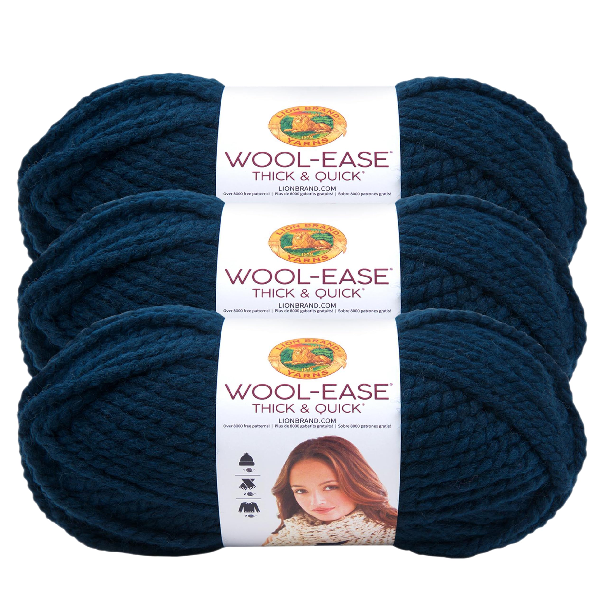 Lion Brand Yarn, Wool-Ease Thick &amp; Quick Yarn, Petrol Blue, 3 Pack
