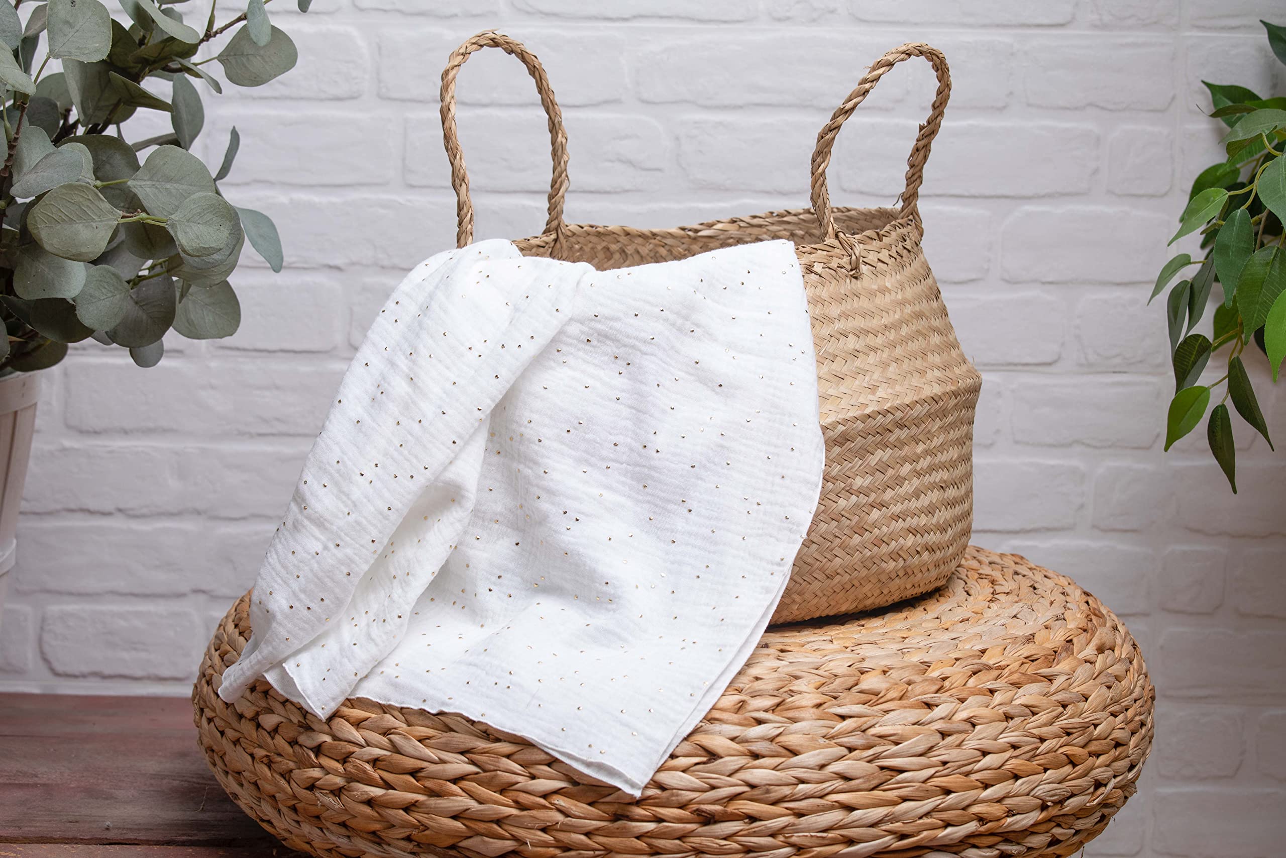 Muselina bebé 100% algodón 120x120 -Manta bebé-Arrullo para bebé-Toallas infantiles para proteger a los más pequeños de la casa.Multiusos.PErsonalizado bordadoroteger (Blanco con puntos dorados)