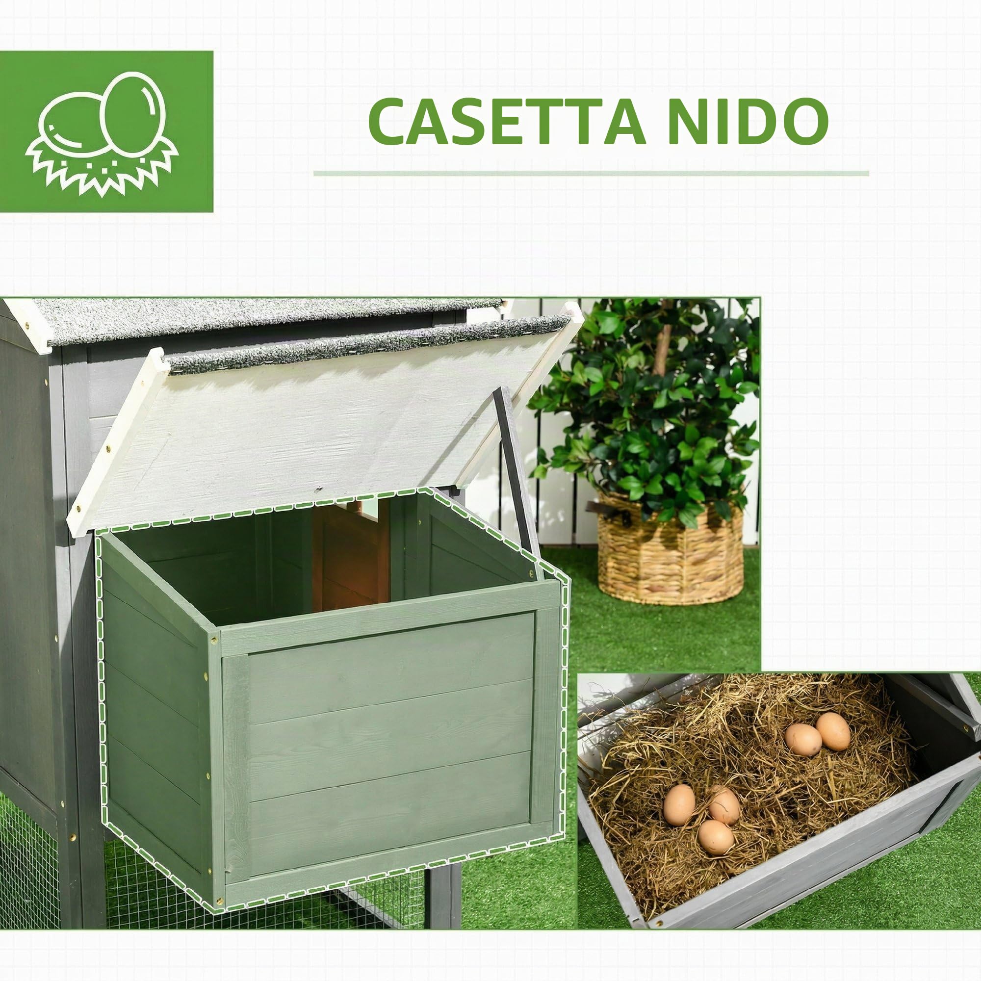 PawHut 118" Pollaio XXL con tetto in asfalto per 3-6 galline Grigio | Recinto in legno per galline, vassoio estraibile, nido, pollaio