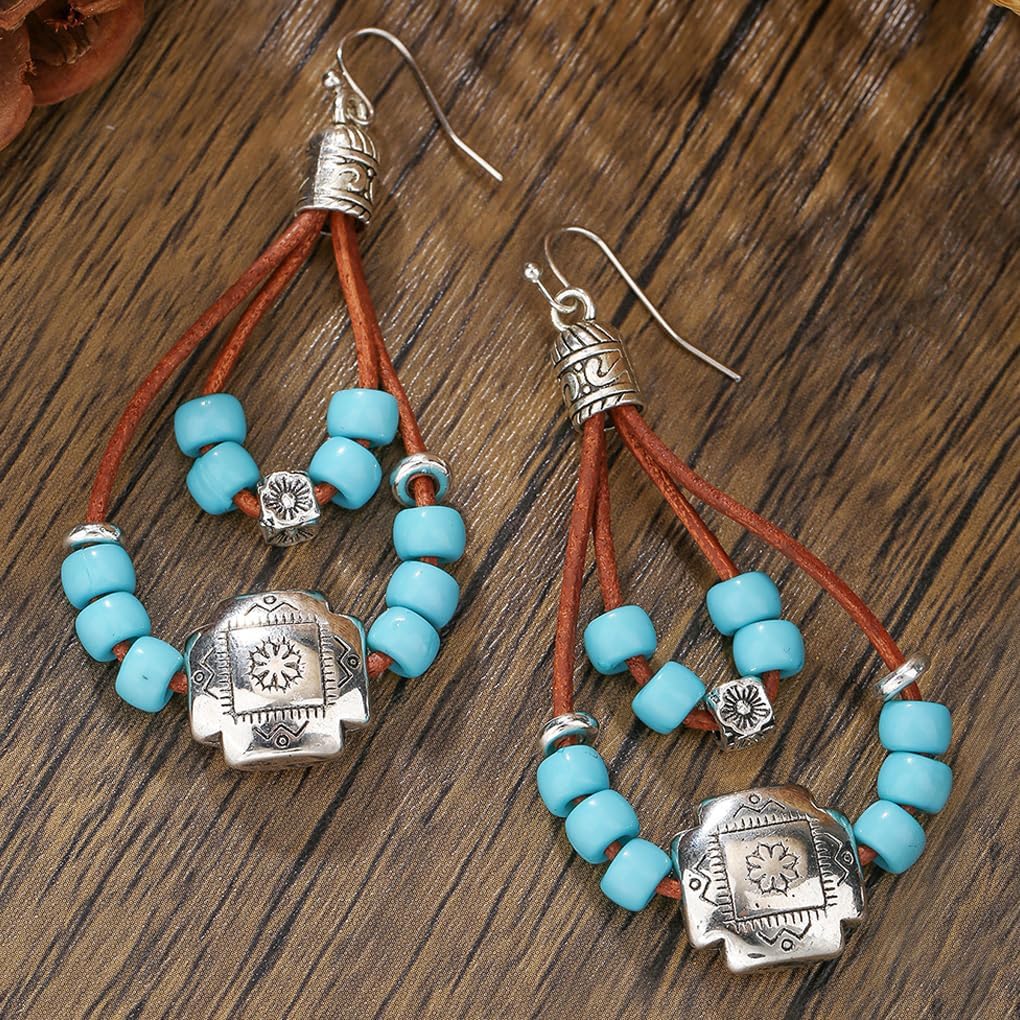 Boho Western Earrings,Vintage Turquoise Flower Leather Braid Dangle Drop Earrings for Women,Bohemian Country Concert Jewelry Accessories - Image 3