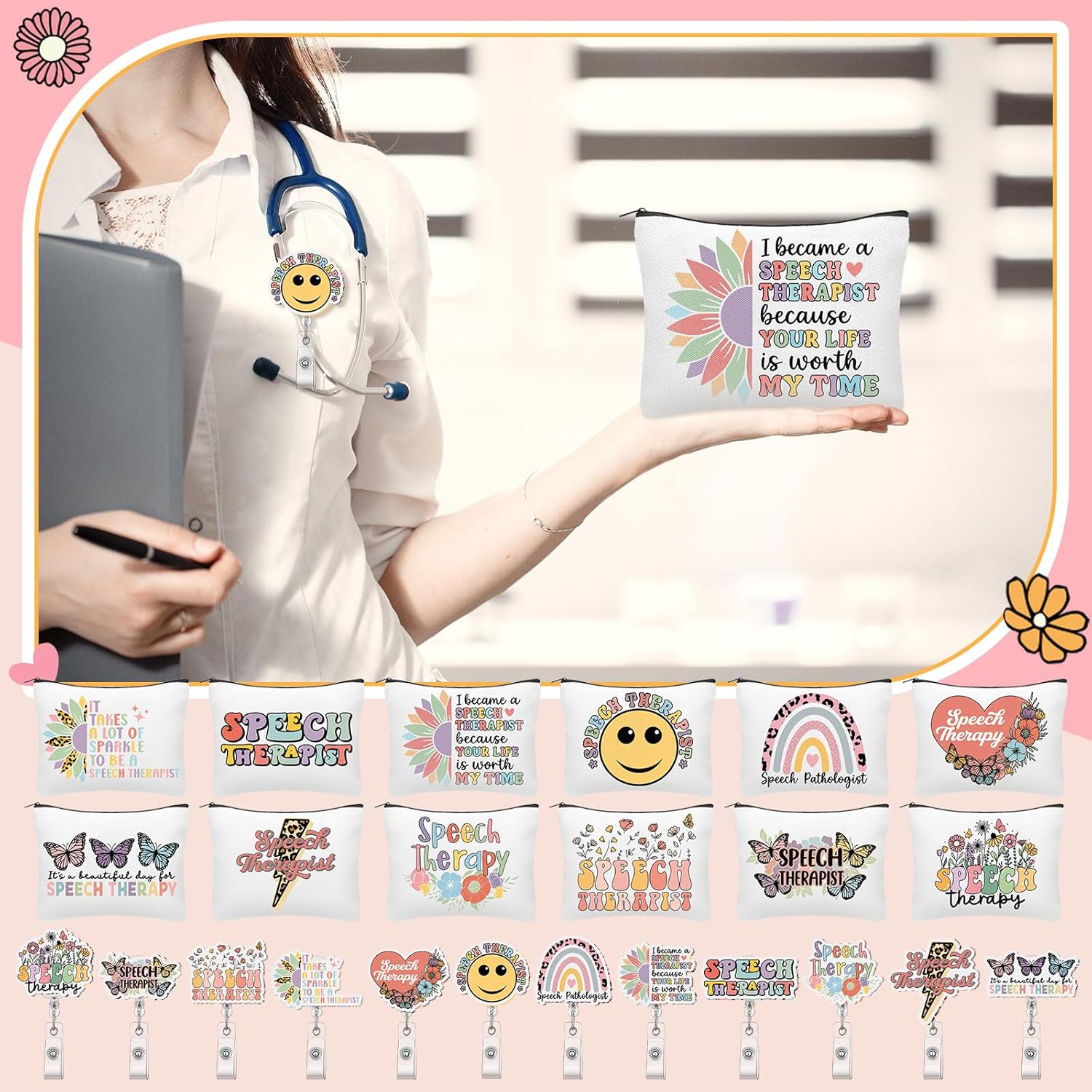 Suncalla 24 Pcs Speech Therapy Gifts National SLP Day Makeup Bag with Speech Language Retractable Badge Reels SLP Day Appreciation Gifts for Women Language Pathologist Teachers Office Supplies