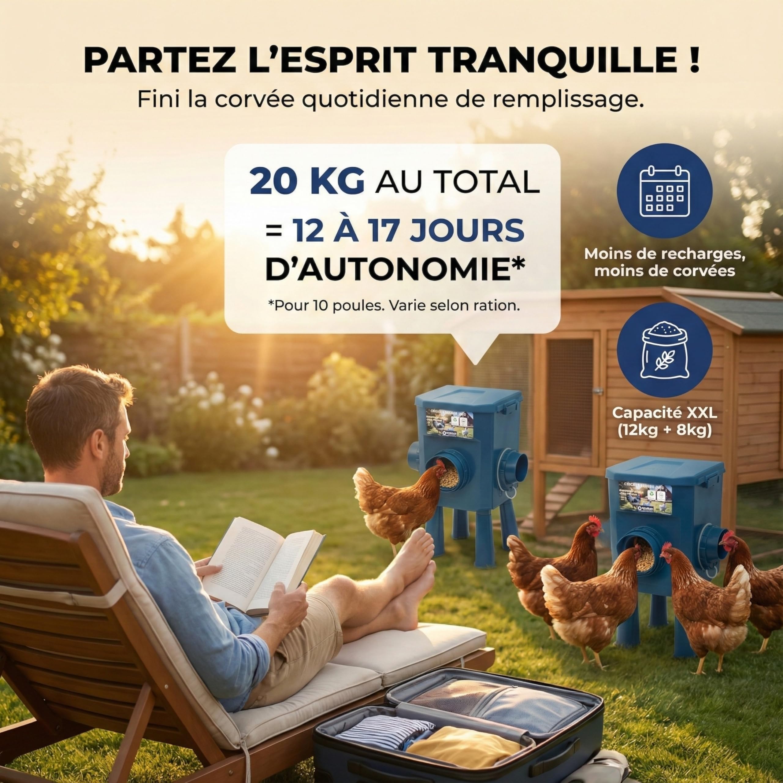 Kit 2 Mangeoires Poules 12KG/8KG – Anti-gaspillage, 5 Ports Anti-Nuisibles, Multi-Enclos, Fini Les Conflits, Capot Anti-Pluie, Ideal Microfermes et Élevages Amateurs, Matériaux Résistants