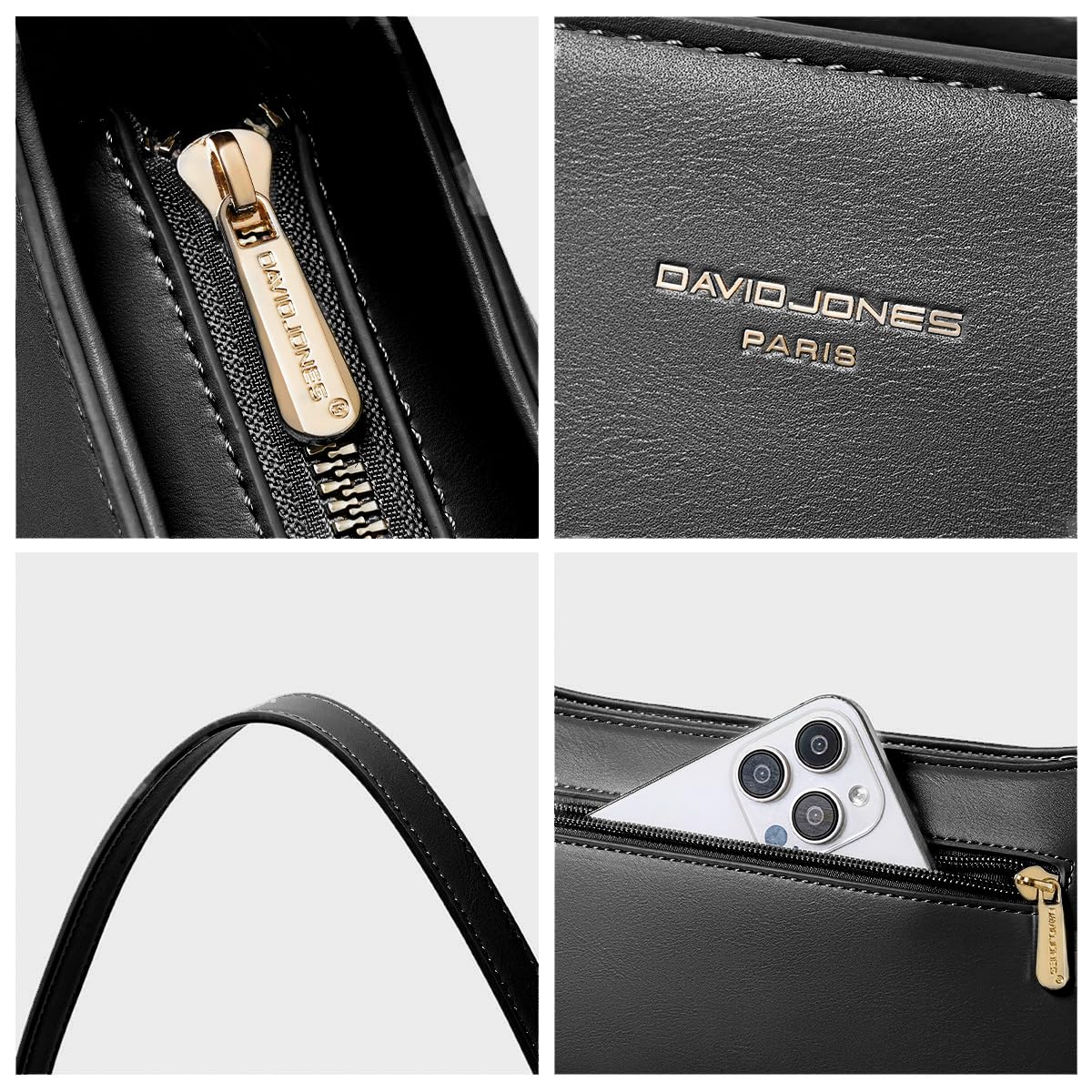 David Jones - Bolso de Hombro Mujer - Bolso de Mano Bajo El Hombro con Brazo - Bolso Bandolera Pequeño Piel sintética - Bolso Elegante - Negro