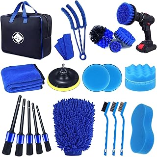 CYA Kit Nettoyage Voiture 23 Pièces Pro-Brosses Perceuse Jantes/Intérieur/Extérieur, Chiffons Microfibre 450g/m²-Nettoyage Complet Rapide Voiture/Moto/Carrosserie, Facile d'utilisation, Bonne qualité