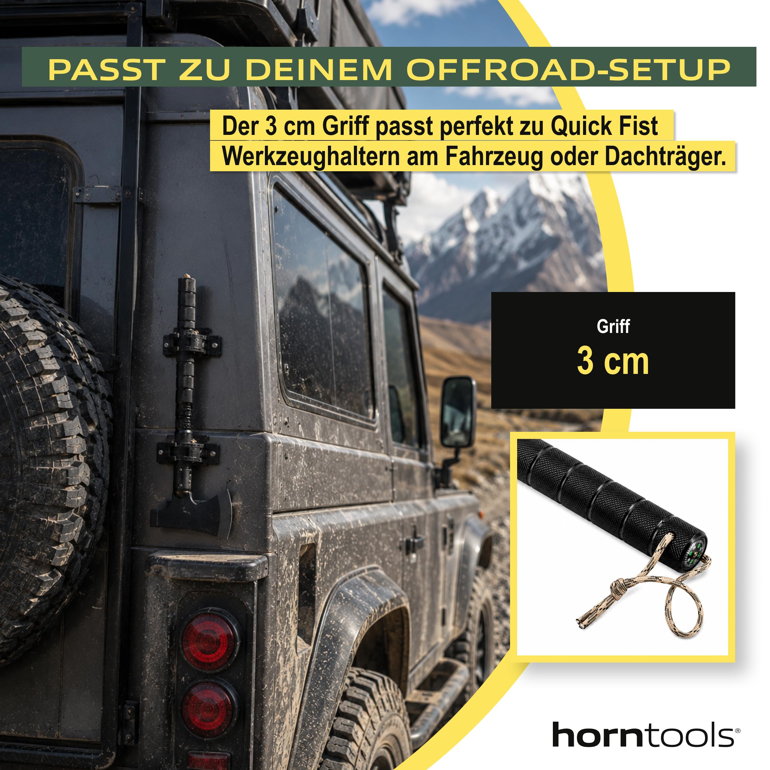 HORNTOOLS Outdoor Axt Survivor - Handbeil Set für Camping, Wandern & Outdoor - Multitool Camping Beil mit Hammer, Säge, Messer, Kompass, Feuerstein, Alarmpfeife, Körner - 850g, 34cm