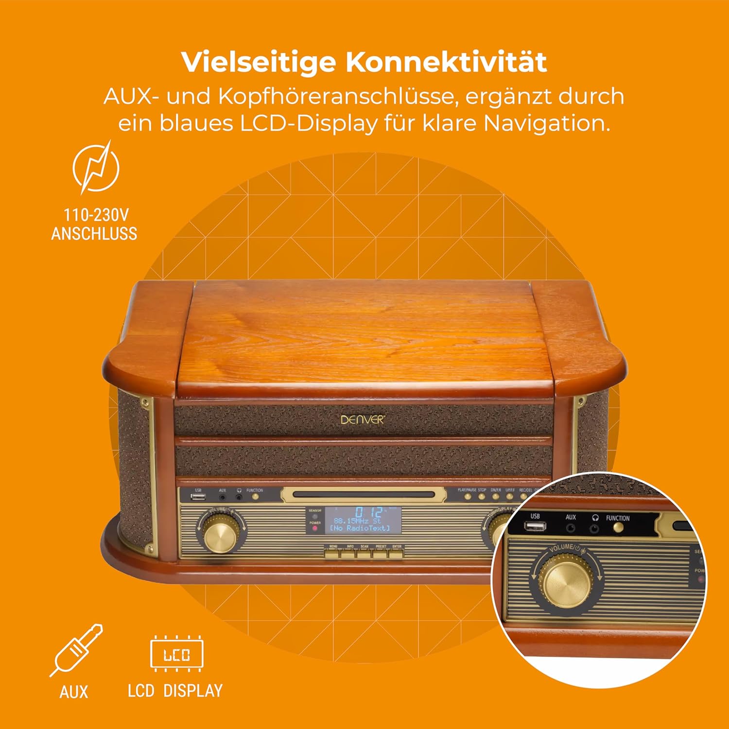 Denver MRD-51 front panel with USB, AUX, and LCD display.