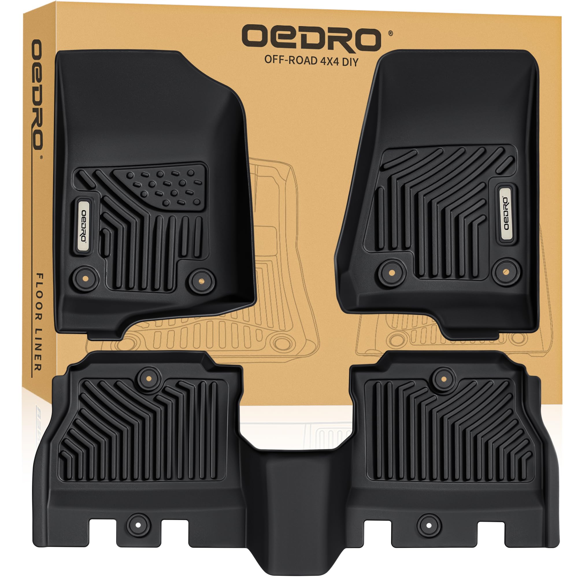 OEDRO Floor Mats Fit for 2018-2024 2025 Jeep Wrangler JL Unlimited 4-Door, TPE All-Weather Floor Liners for 1st and 2nd Row Full Set Car Mats, Black