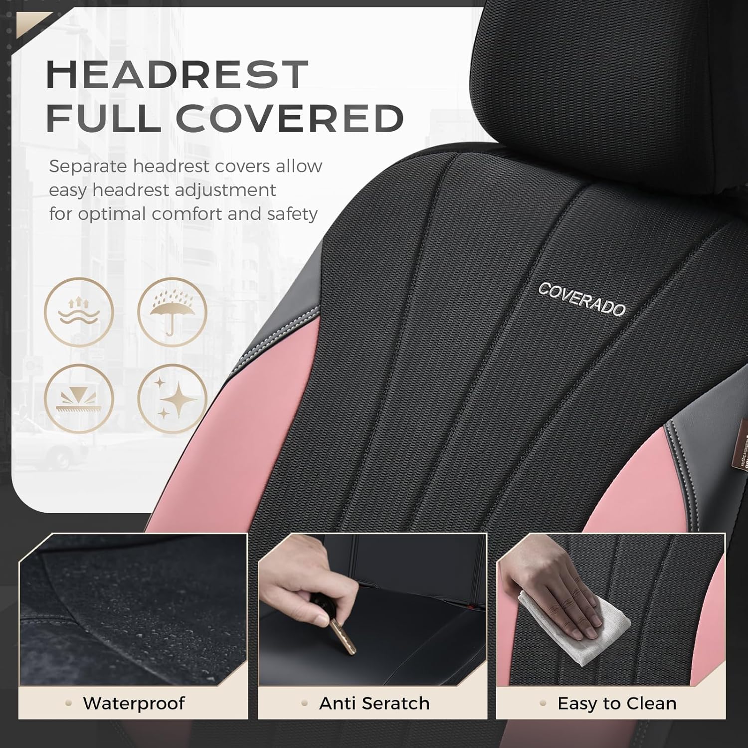Coverado Seat Covers 5 Seats, Luxury Car Seat Covers Full Set, Automotive Car Protectors, Pink Driver Seat Covers, Car Accessories Universal Fit for SUVs, Trucks, Sedans
