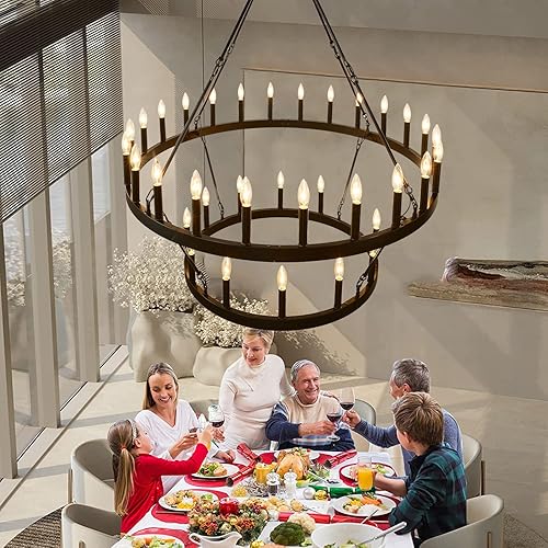 Miniatura 10 de JKLX Candelabro grande de 60 pulgadas con rueda de vagón, color negro, 2 niveles, 54 luces, estilo rústico industrial, lámpara colgante redonda para