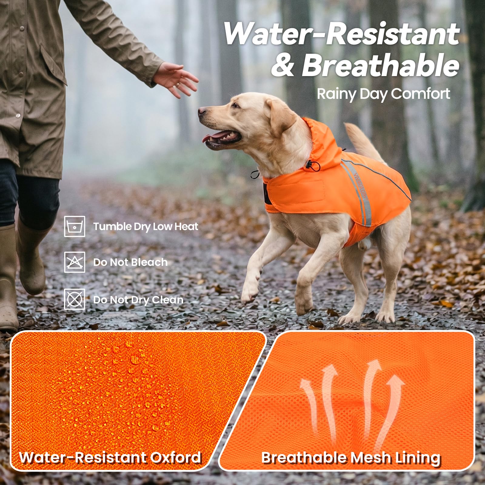 VIVAGLORY Impermeable para Perros Grandes, Fácil de Poner y Quitar, Ropa Reflectante, Ligera y Transpirable, Chaleco de Seguridad, Naranja