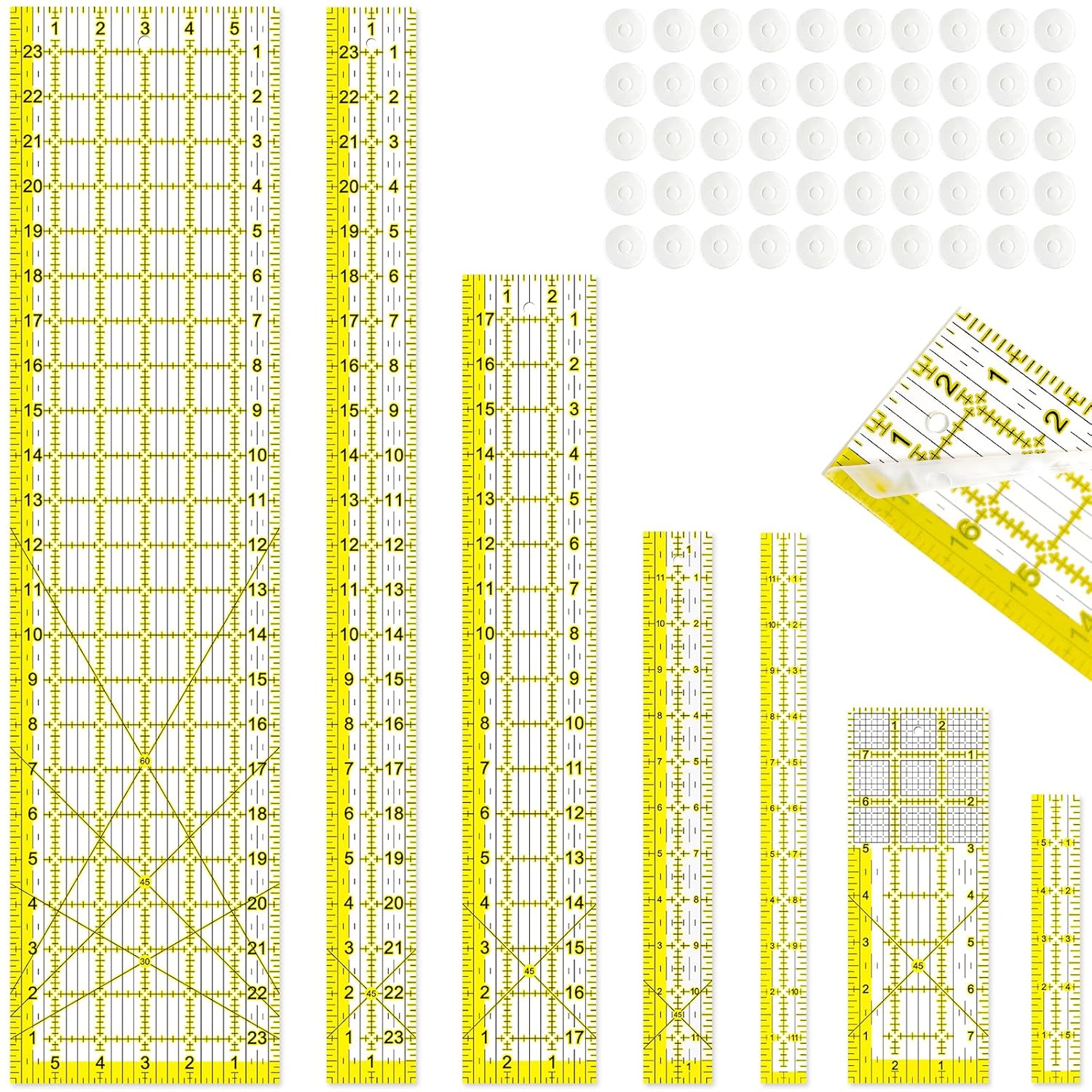 Acrylic Ruler 7 Piece Set, Non Slip Rings 50 Pieces, Quilting Rulers, Size (6"x24"), (2"x24"), (3"x18"), (3"x8"), (1.5"x12"), (1"x12"), (1"x6")