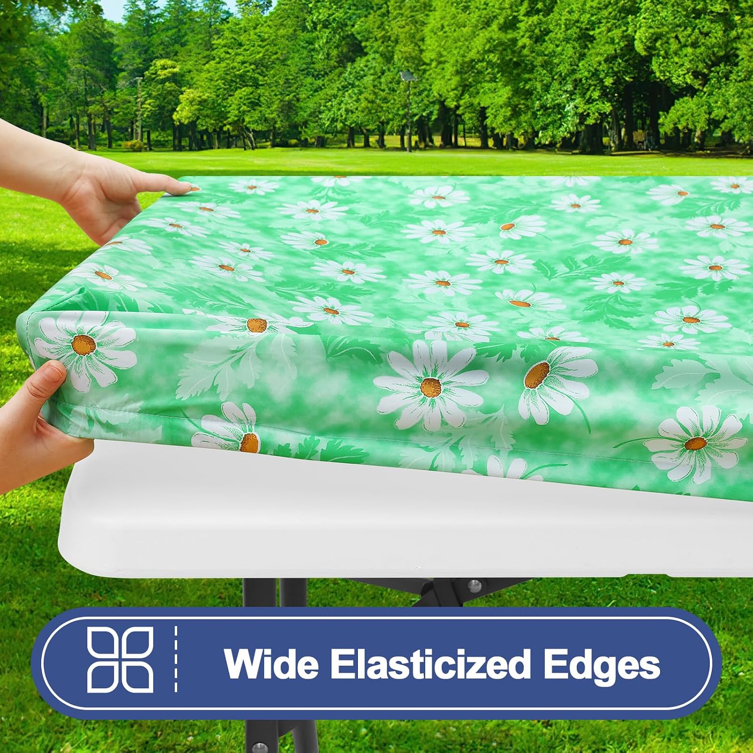  Picnic Table Cover with Bench Covers, Waterproof Elastic Fitted Tablecloth for 6 Foot Tables, Washable Polyester Tablecloths for Camping, Indoor & Outdoor (Green Daisy, 30x72 Inch 3-pc Set) thumbnail