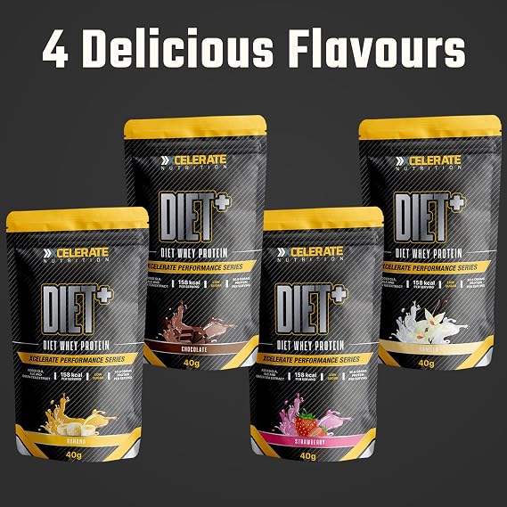Xcelerate Nutrition Diet+ بروتين مصل اللبن 40 جرام أكياس – 30.6 جرام بروتين لكل وجبة | مخفوق عالي الأداء ومنخفض السعرات الحرارية | فراولة، شوكولاتة، فانيليا، موز أو نكهات مختلطة | عبوة من 7 أو 14 أو 20