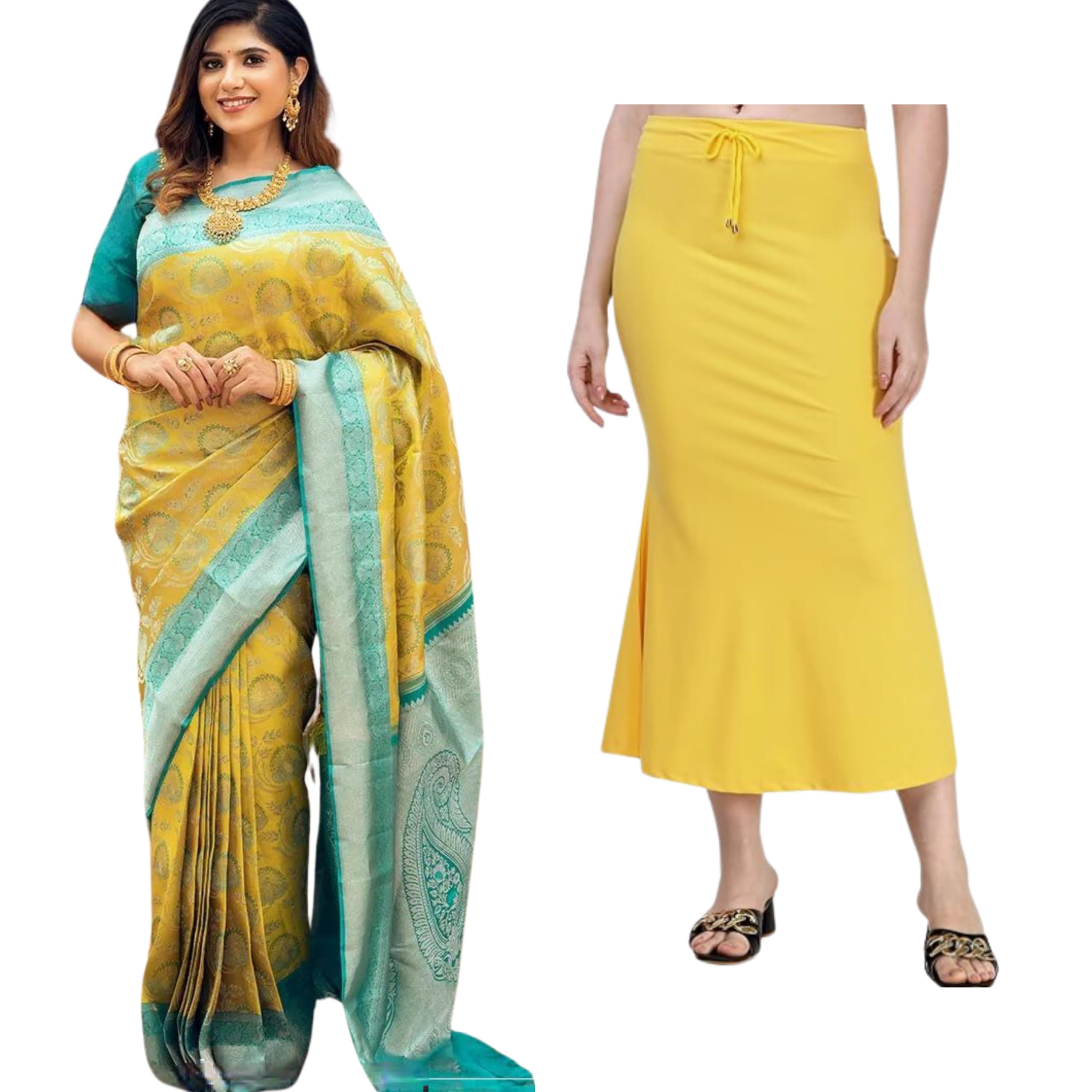 KNETLI Cotton Lycra Shapewear Yellow Petticoat & Art Silk Yellow Sky Saree with Peacock Design - Ideal for Weddings, Parties, and Festive Occasions