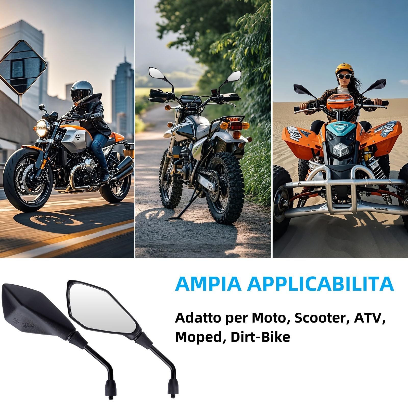 2 Pezzi Specchietti Moto E57 Omologati, Specchietti Moto Manubrio, Specchietto Retrovisore M10 Regolabili per ATV, Scooter, Cruiser, Moped, Quad, Roller