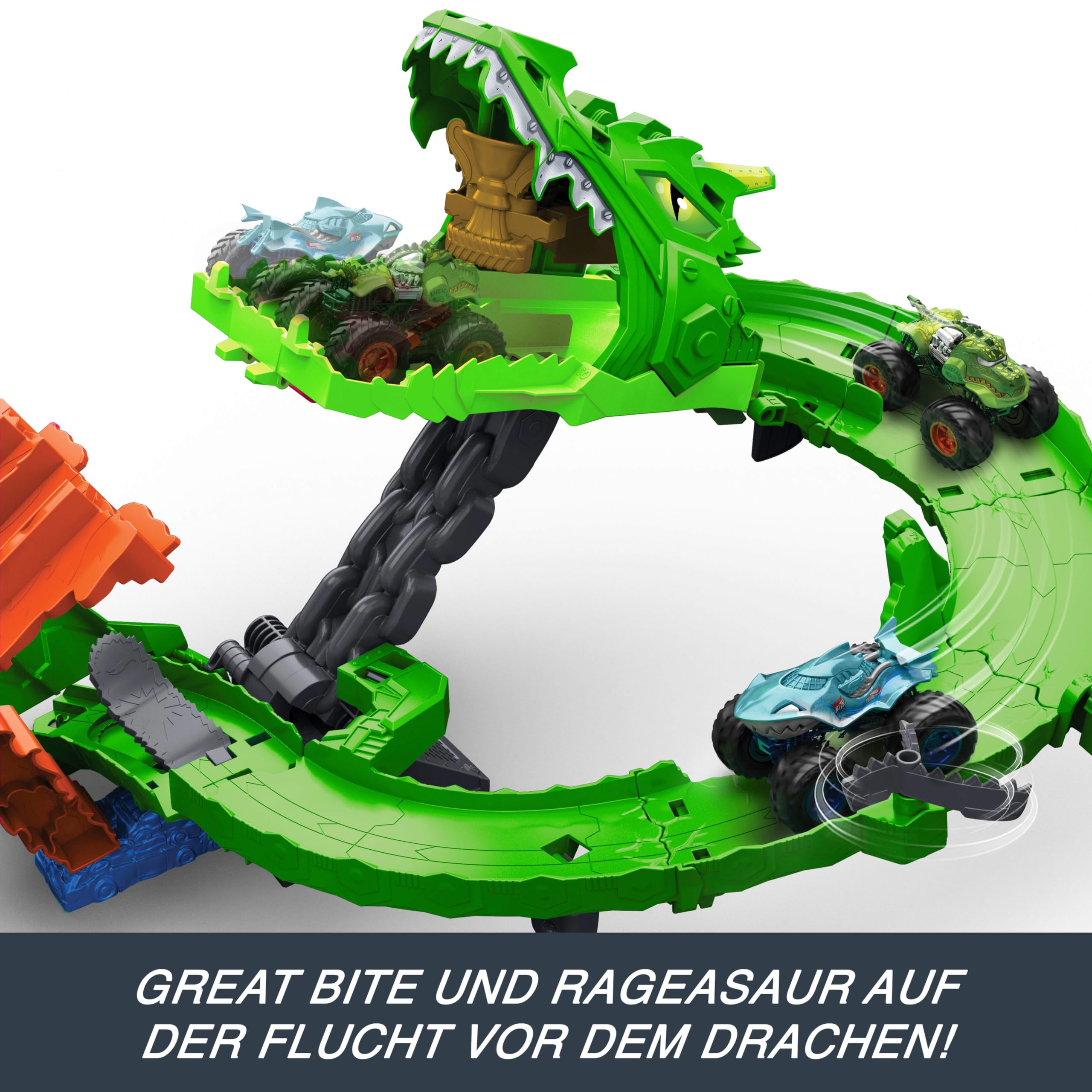 Hot Wheels Spielzeug Monster Trucks, Sharks vs. Dinos Drachenzerstörungs-Spielset mit riesigem Great Bite und Rageasaur im Maßstab 1:64, Rennspaß, um den Cyborg-Feind zu besiegen, JGB06