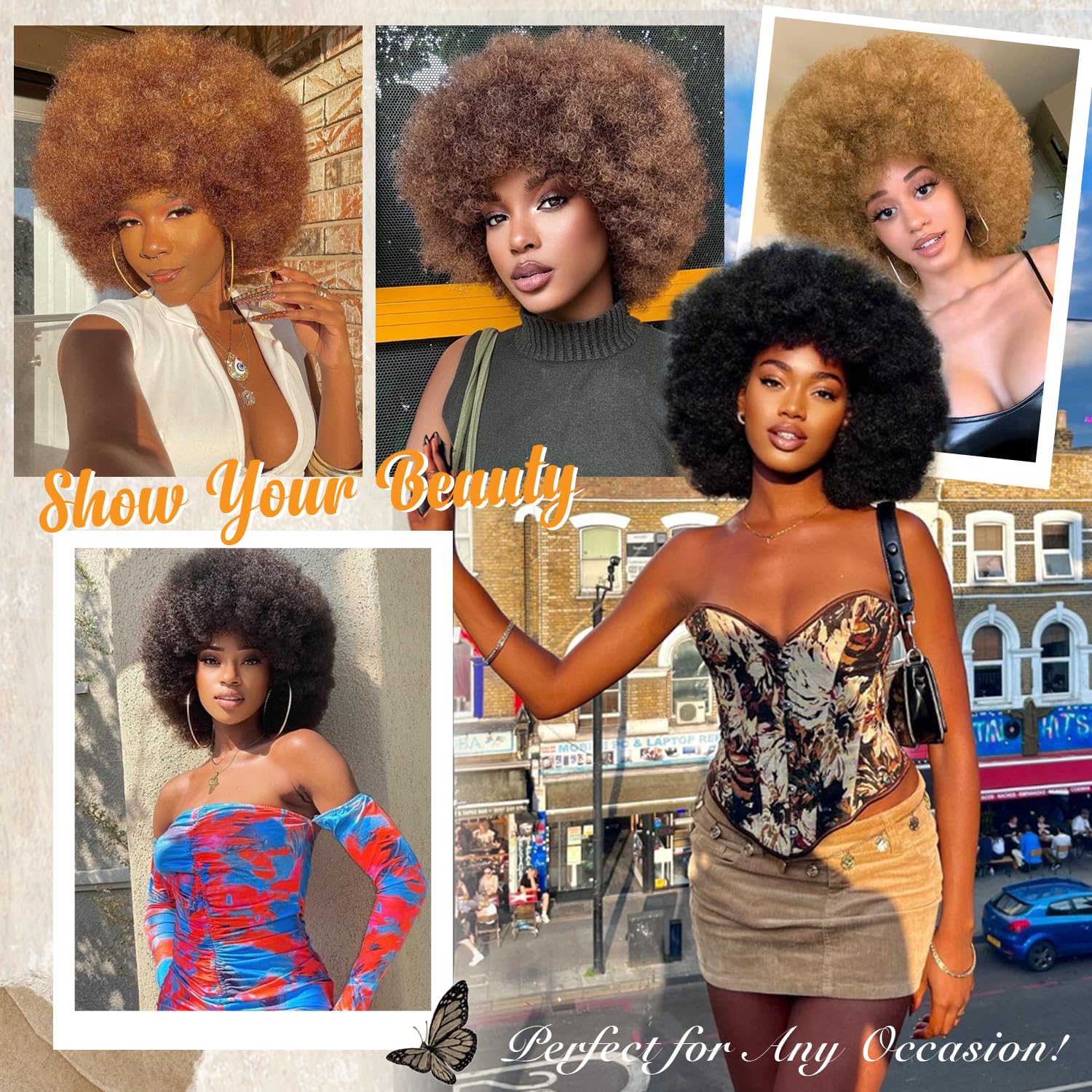 Blonde Afro Wig with bangs 70s Black Short Afro Curly Wigs for Black Women Bouncy Huge Fluffy Puff Synthetic Kinky Curly Wig for Cosplay Daily and Party Use 10 Incn